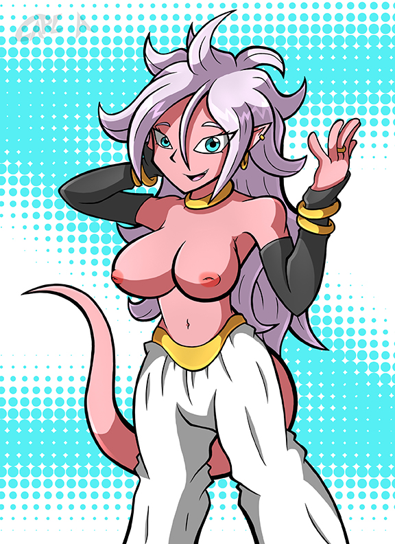 1girls 2010s android_21 android_21_(good) areolae big_breasts blue_eyes breasts dragon_ball dragon_ball_fighterz female humanoid kiroxiii large_breasts light_persona long_hair looking_at_viewer majin majin_android_21 monster_girl nipples pink_skin pointy_ears solo tail white_hair