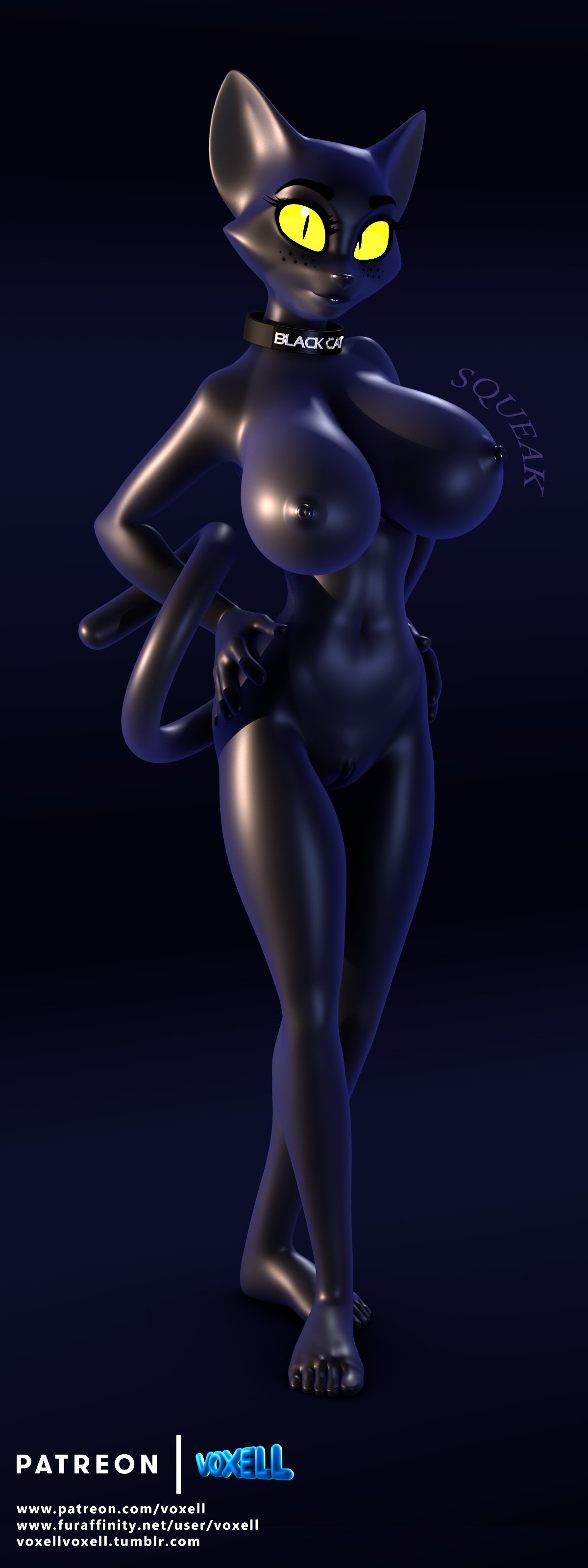 2018 3d absurd_res android anthro big_breasts black_cat_(voxell) black_skin breasts domestic_cat felid feline felis female hands_on_hips hi_res machine mammal nude pussy robot rubber solo voxell_voxell yellow_eyes