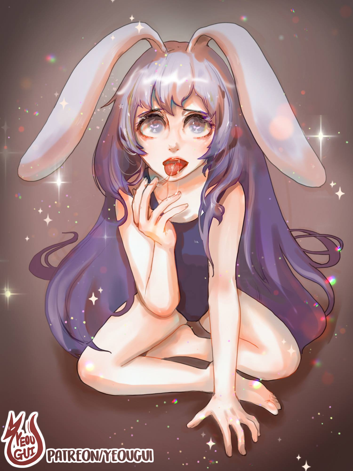 artist_name artist_signature barefoot blue_eyes bunny_ears erina_(rabi-ribi) feet female legs looking_at_viewer open_mouth purple_hair rabi-ribi saliva saliva_string sitting soles solo swimsuit toes tongue tongue_out watermark yeougui