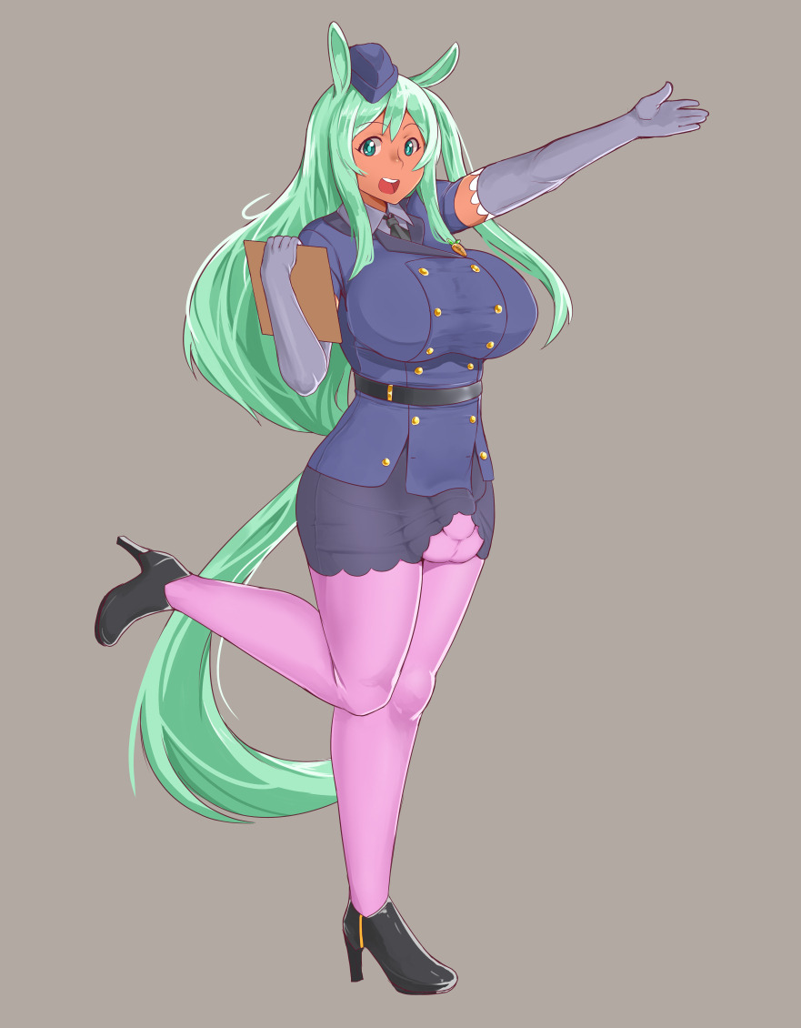 1futa, blue eyes, breasts, color, elbow gloves, futa only, futanari, gaikiken, gloves, green hair, hat, high heels, horse, intersex, ishtar femi (gaikiken), kemonomimi, large breasts, necktie, pantyhose, penis, penis under clothes, penis under skirt, skirt, solo, solo futa, tail, uniform