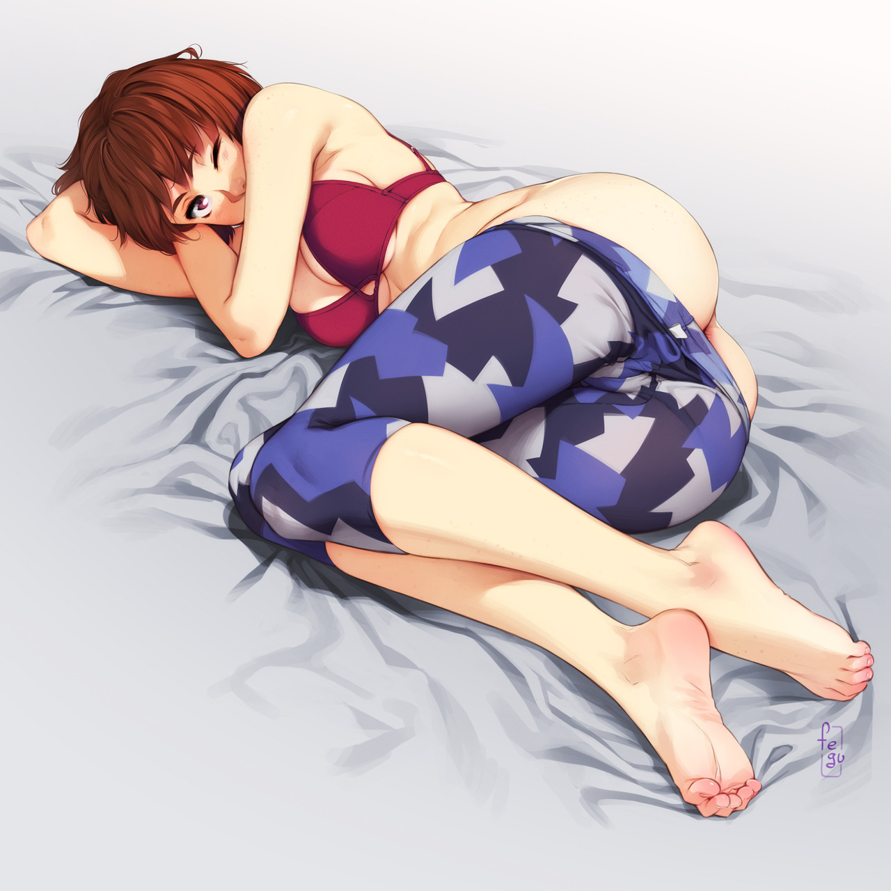 1girls, anus peek, ass, bare shoulders, barefoot, breasts, brown hair, cleavage, curled toes, feet, feguimel, female, female only, looking at viewer, lying, medium breasts, on side, one eye closed, original, red eyes, solo, sue (feguimel), text, toe curl, toes, underboob, watermark, wide hips, wink