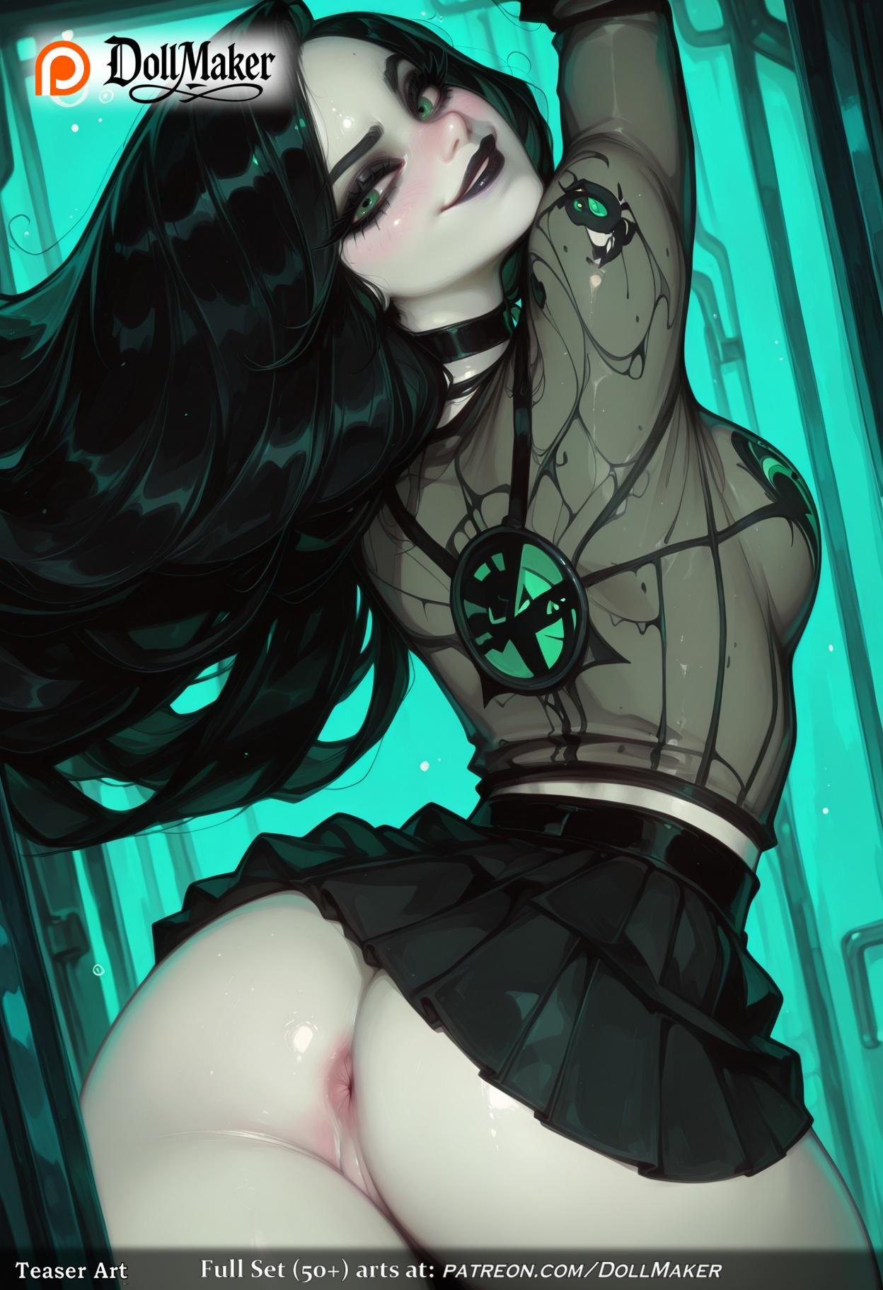 ai_generated anus ass black_hair breasts cyborg dollmaker female glowing glowing_eyes green_eyes joints large_breasts lips lipstick long_hair looking_at_viewer makeup no_panties pleated_skirt pussy robot_joints shego skirt solo tagme thighs wet