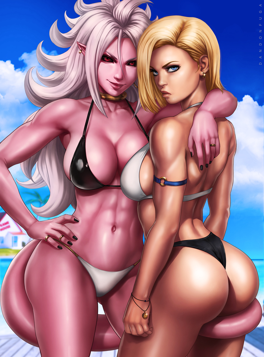 2010s, 2girls, abs, alternate costume, android 18, android 21, arm around neck, ass, back, big breasts, bikini, black bikini, black nails, black sclera, black swimsuit, blonde hair, blue eyes, blue sky, bracelet, breasts, cleavage, closed mouth, dandon fuga, dark persona, dragon ball, dragon ball fighterz, dragon ball z, earrings, eye contact, female, female focus, female only, hand on hip, highres, hug, human, humanoid, interspecies, jewelry, large breasts, lips, long hair, looking at viewer, looking back, majin, majin android 21, monster girl, multiple females, multiple girls, nail polish, neck ring, outdoors, pink skin, pinup, pointy ears, realistic, red eyes, ring, serious, short hair, sideboob, silver hair, sky, smile, standing, swimsuit, tail, tail wrap, toned, white bikini, white hair, white swimsuit, yuri