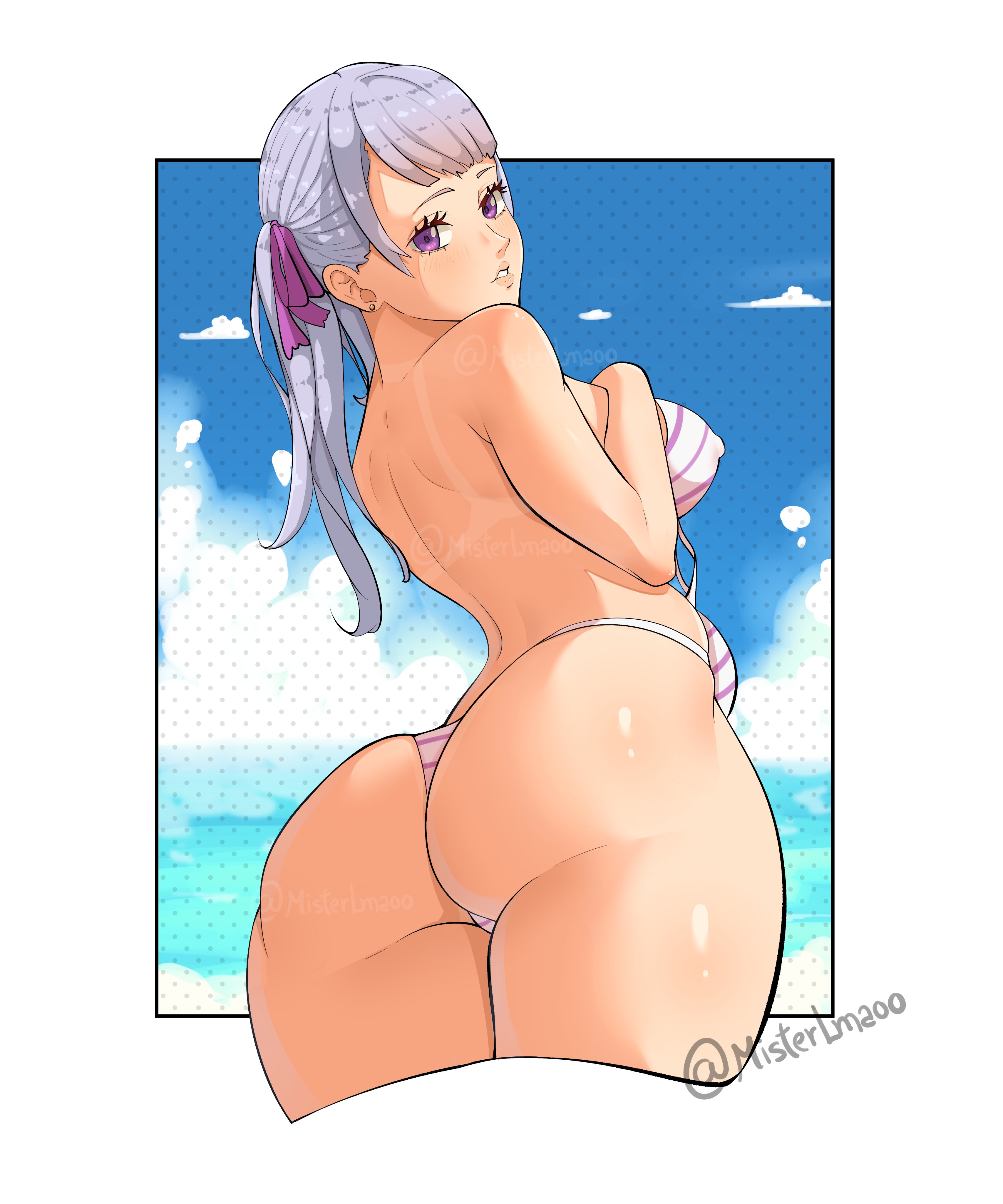 1girls, ass, ass focus, ass shot, back, back view, bikini, bikini bottom, bikini top, black clover, breasts, bubble ass, bubble butt, female, female only, hips, huge ass, huge breasts, indoors, looking at viewer, misterlmaoo, noelle silva, purple eyes, slim waist, smile, squatting, thick thighs, thighs, twintails, white hair, wide hips