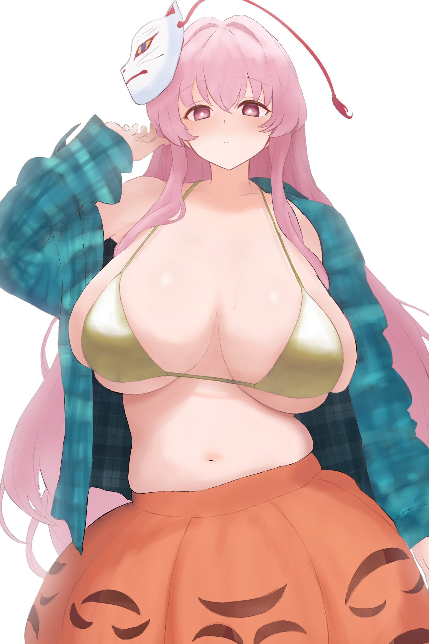 1girls, 2d, belly, belly button, belly squish, big breasts, bikini, blank expression, blank stare, blue shirt, blush, bra, breast focus, breasts, breasts out, chubby, collarbone, color, colored, drawing, dress, female, female focus, female only, hair between eyes, hata no kokoro, hi res, highres, large breasts, long hair, long pink hair, looking at viewer, mask, mask on head, mask partially removed, masked, masked female, moriforest1040, mostly clothed, navel, pink eyes, pink hair, pink skirt, plaid shirt, pokerface, shirt, shirt open, skindentation, skirt, slightly chubby, slightly chubby female, smooth chest, smooth skin, squishy, stomach, touhou, tummy, white background, yellow bikini, yellow bra