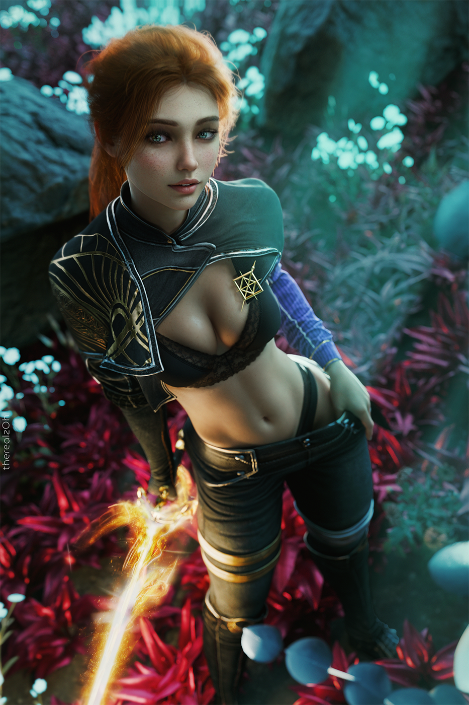 athletic athletic_female blush bra clair_obscur:_expedition_33 cloak cute freckles green_eyes light-skinned_female maelle_(clair_obscur:_expedition_33) medium_breasts midriff non-nude panties pants petite powers red_hair solo solo_female solo_focus sword taking_clothes_off therealzoh