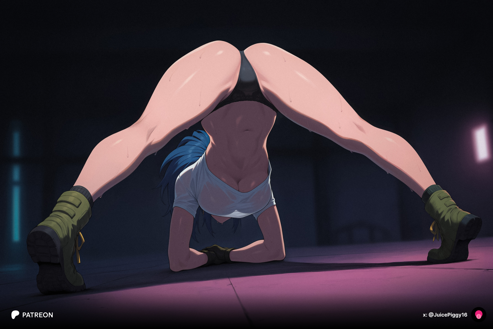 1girls, abs, ai generated, all fours, arched back, ass, ass up, bent over, big breasts, bimbo, black panties, black underwear, blue hair, boots, breasts, busty, cleavage, clothed, clothing, crop top, exercise, exposed breasts, face down ass up, female, female focus, female only, footwear, gloves, gym clothes, gym clothing, gym uniform, hi res, high resolution, highres, ikari warriors, indoors, jack-o pose, jack-o' pose, jackochallenge, juicepiggy16, king of fighters, kof, large breasts, leona heidern, light skin, light-skinned female, no bra, on all fours, pale skin, pale-skinned female, panties, patreon, patreon logo, patreon username, planking, ponytail, presenting ass, presenting butt, presenting hindquarters, shoes, skimpy, skimpy clothes, snk, soles, solo, solo female, solo focus, spread legs, spreading, stretching, sweat, sweatdrop, sweating, sweaty, t-shirt, the king of fighters, thick thighs, thighs, tiptoes, toned, toned body, toned female, toned stomach, underboob, underwear, very high resolution, voluptuous, voluptuous female, wet shirt, working out, workout, workout clothes