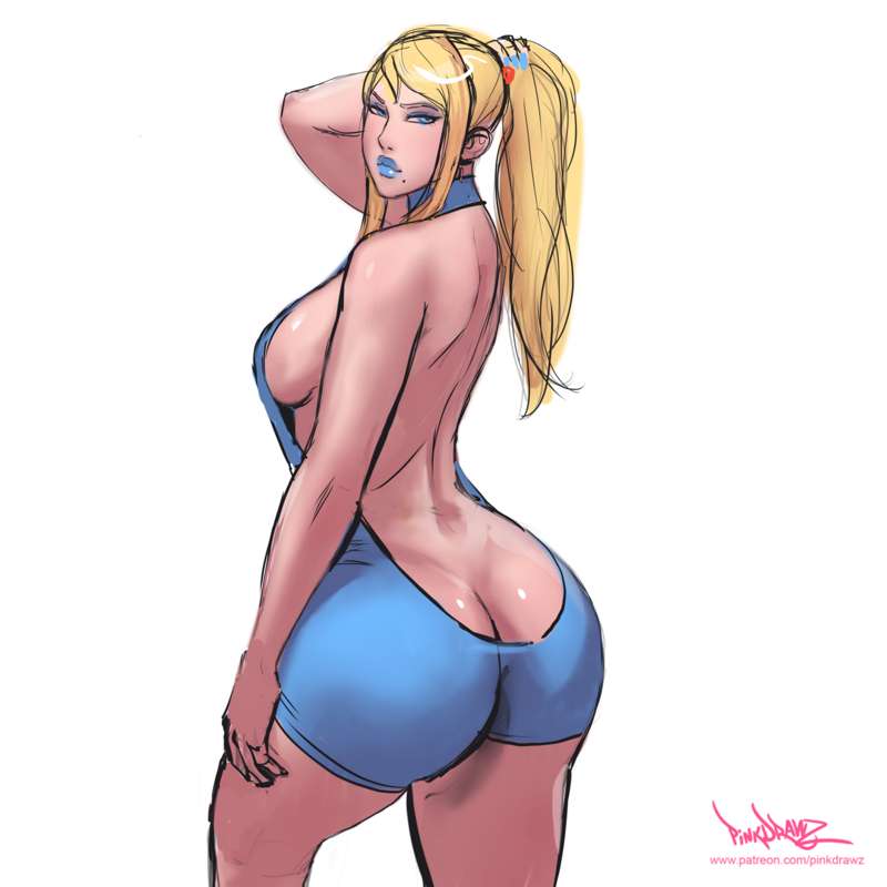 ass, ass cleavage, ass crack, ass focus, backboob, beauty mark, big ass, big breasts, bimbo, blonde hair, blue eyes, blue lipstick, blue nails, bottom heavy, breasts, butt crack, cleavage, female, female focus, female only, lipstick, looking at viewer, looking back, makeup, metroid, nail polish, nintendo, pinkdrawz, revealing clothes, samus aran, sideboob, skimpy, skimpy clothes