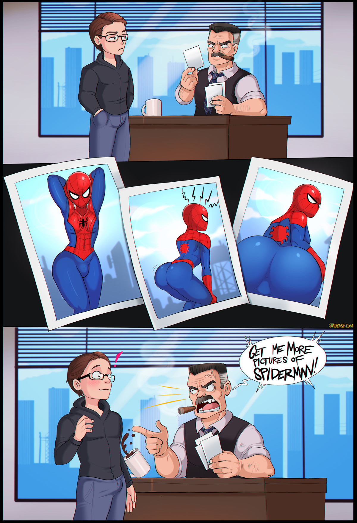 2boys, aggressive, ass, barely contained, big ass, big butt, bodysuit, bulge, close-up, clothed, comic, dialogue, english text, fat ass, femboy, gay, girly, human, human only, j jonah jameson, male, male only, marvel, marvel comics, nipples visible through clothing, outdoors, peter parker, pose, presenting, public, shadman, skimpy, skimpy clothes, skin tight, skintight, spider-man, spider-man (series), text, thighs, tight clothing, wide hips, yaoi