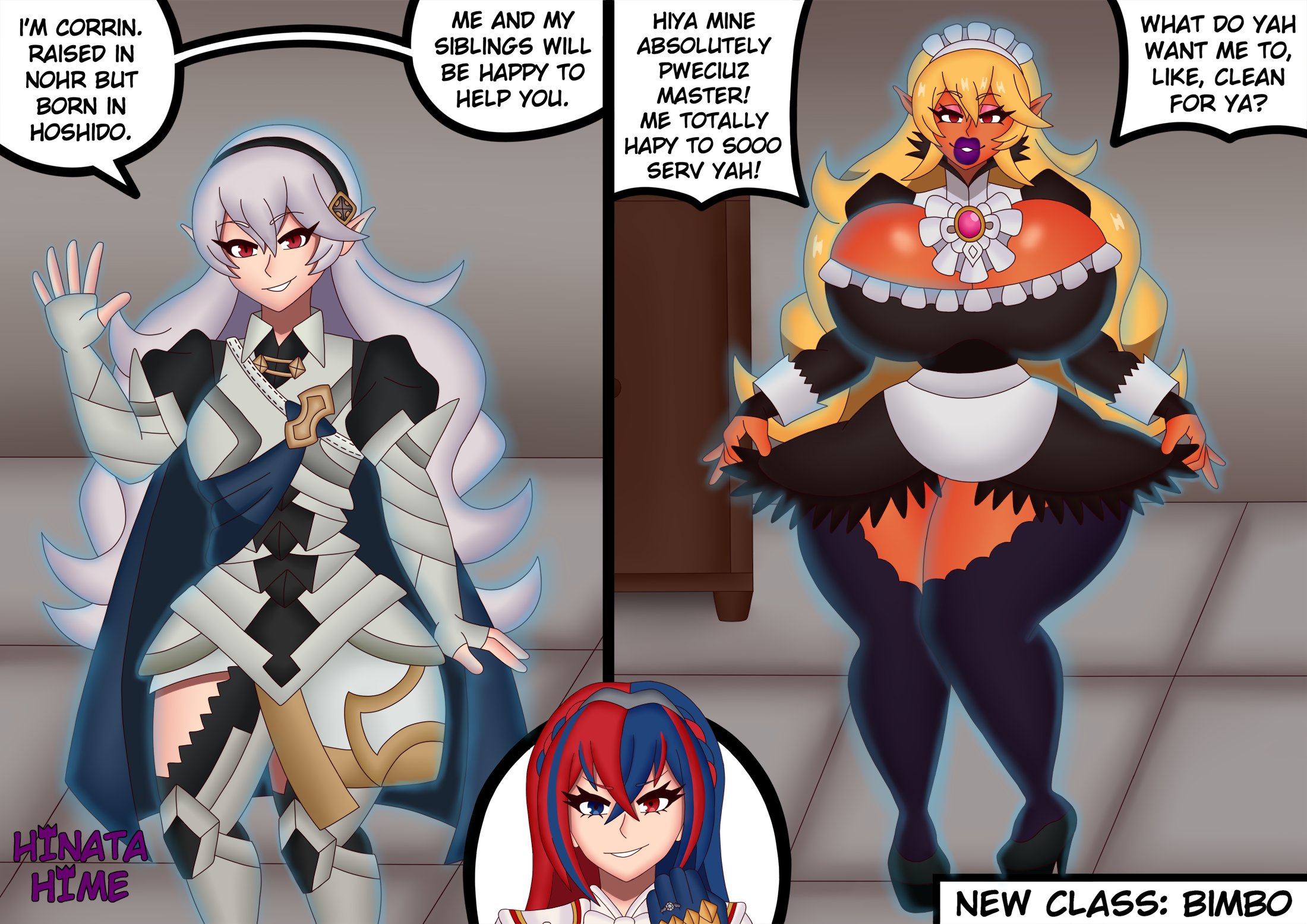 2girls, after transformation, alear (fire emblem), alear (fire emblem) (female), aura, before and after, before transformation, big lips, bimbo, bimbo body, bimbo lips, bimbofication, bimbofied, black headband, black heels, black stockings, blonde hair, blue aura, blue cape, blue eye, blue gloves, blue hair, breast expansion, breast growth, breast growth (enlargement), breasts, breasts bigger than head, cape, clothed, clothed female, clothing, corrin (fire emblem), corrin (fire emblem) (female), emblem (fire emblem), english, english text, eyeshadow, female, female only, fingerless gloves, fire emblem, fire emblem engage, fire emblem fates, full lips, gloves, headband, heels, heterochromia, high heels, hinata-hime, huge breasts, light skin, light-skinned female, lipstick, long fingerless gloves, long gloves, long hair, maid, maid headdress, maid outfit, maid uniform, makeup, medium breasts, nintendo, pink eyeshadow, plump lips, pointy ears, post-transformation, pre-transformation, purple lips, purple lipstick, red eye, red eyes, red hair, ring, ring (jewelry), ring on finger, silver gloves, silver hair, smile, smiling, speech bubble, stockings, tan body, tan skin, tan skinned female, tan-skinned female, tanned, tanned female, tanned skin, text, text box, text bubble, thick thighs, tiara, transformation, two-tone hair, voluptuous, voluptuous female, wide hips