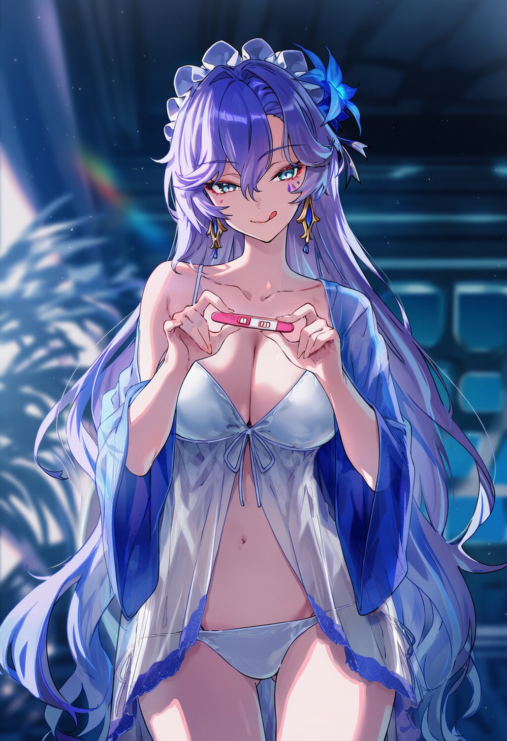 ai generated, cantarella (wuthering waves), female, female only, licking lips, nightgown, nighttime, panties, pregnancy test, purple hair, raaicave, wuthering waves
