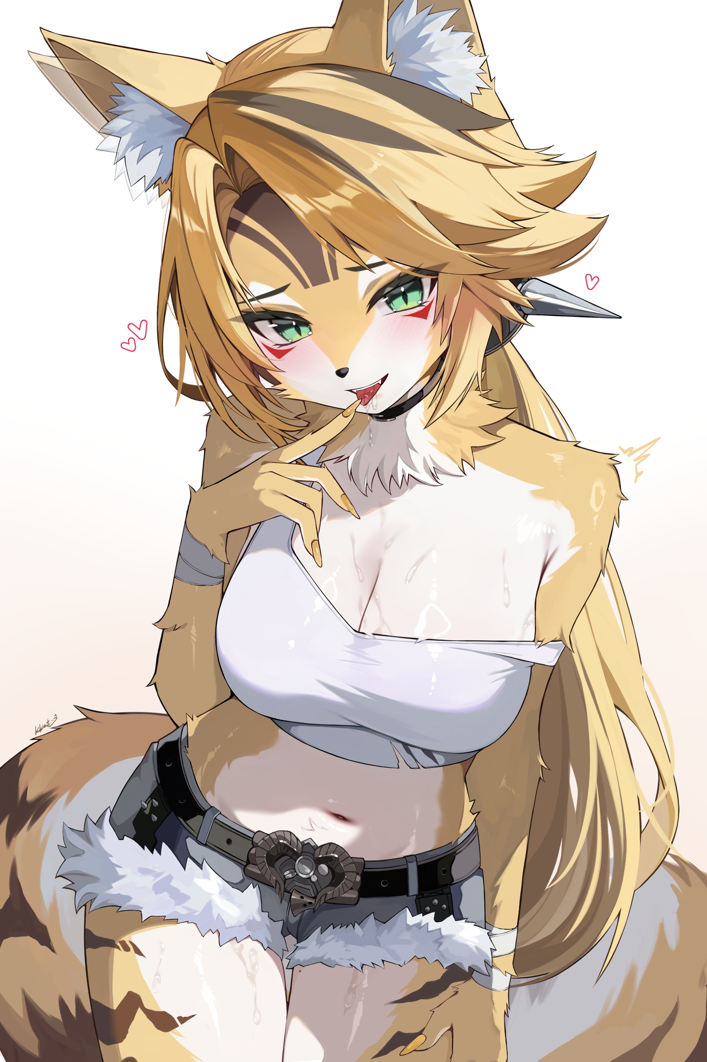 2025, absurd res, anthro, arm tuft, belt, big breasts, blonde hair, bodily fluids, bottomwear, breasts, choker, clothed, clothing, crop top, denim, denim bottomwear, denim clothing, denim shorts, eyebrows, eyelashes, felid, feline, felis, female, fur, glistening, glistening body, glistening breasts, green eyes, hair, hand on leg, hand on thigh, heart symbol, hi res, inner ear fluff, jewelry, kkato, mammal, midriff, mihoyo, navel, neck tuft, necklace, off shoulder, pulchra fellini, saliva, shirt, shorts, shoulder tuft, solo, sweat, thigh gap, thiren, tongue, tongue out, topwear, tuft, white body, white fur, wraps, wrist wraps, yellow body, yellow fur, zenless zone zero
