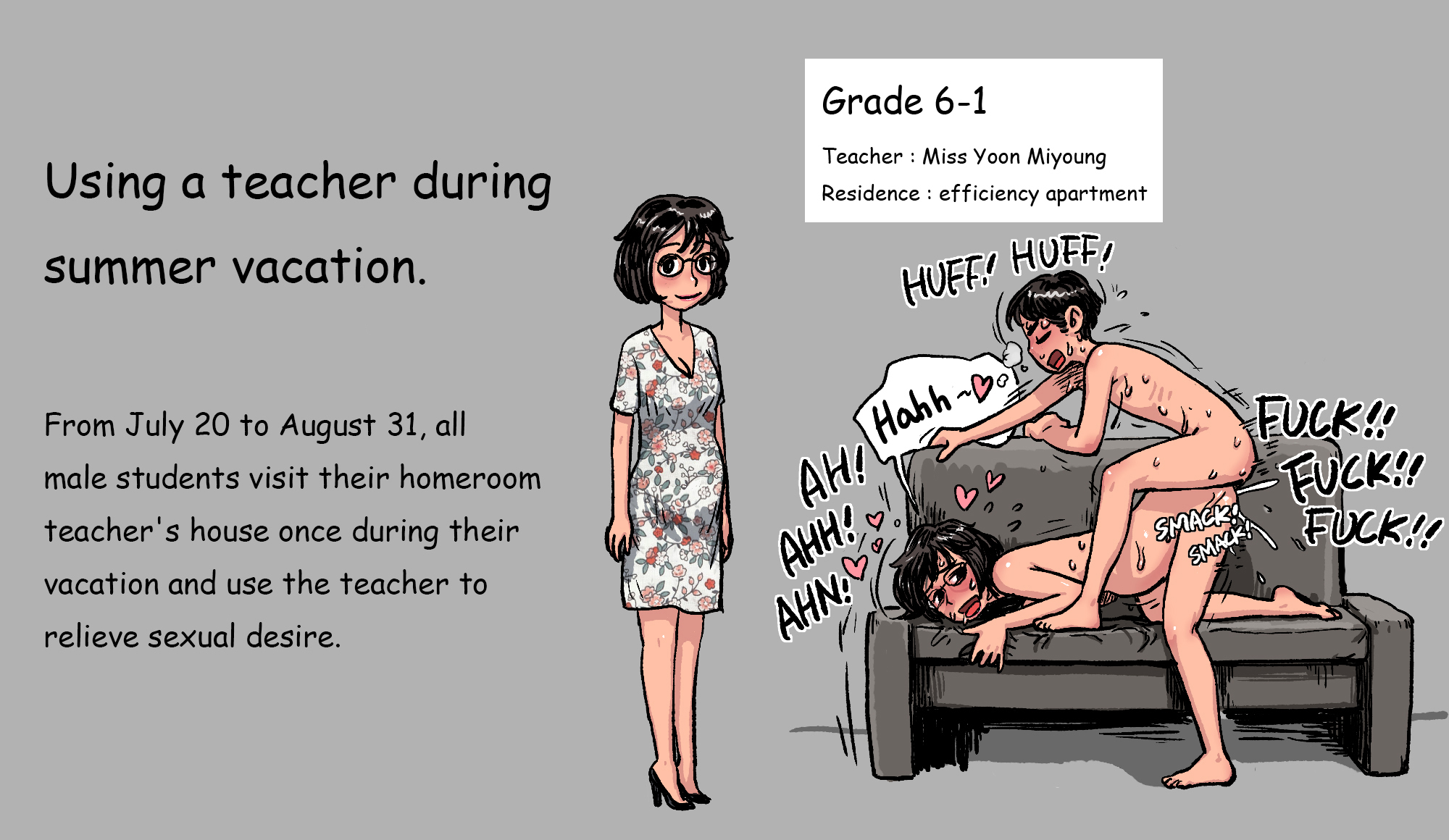 cartoon, comfort woman, female, gogocherry, male, pregnant, pregnant sex, sketch lines, sofa sex, teacher, teacher and student