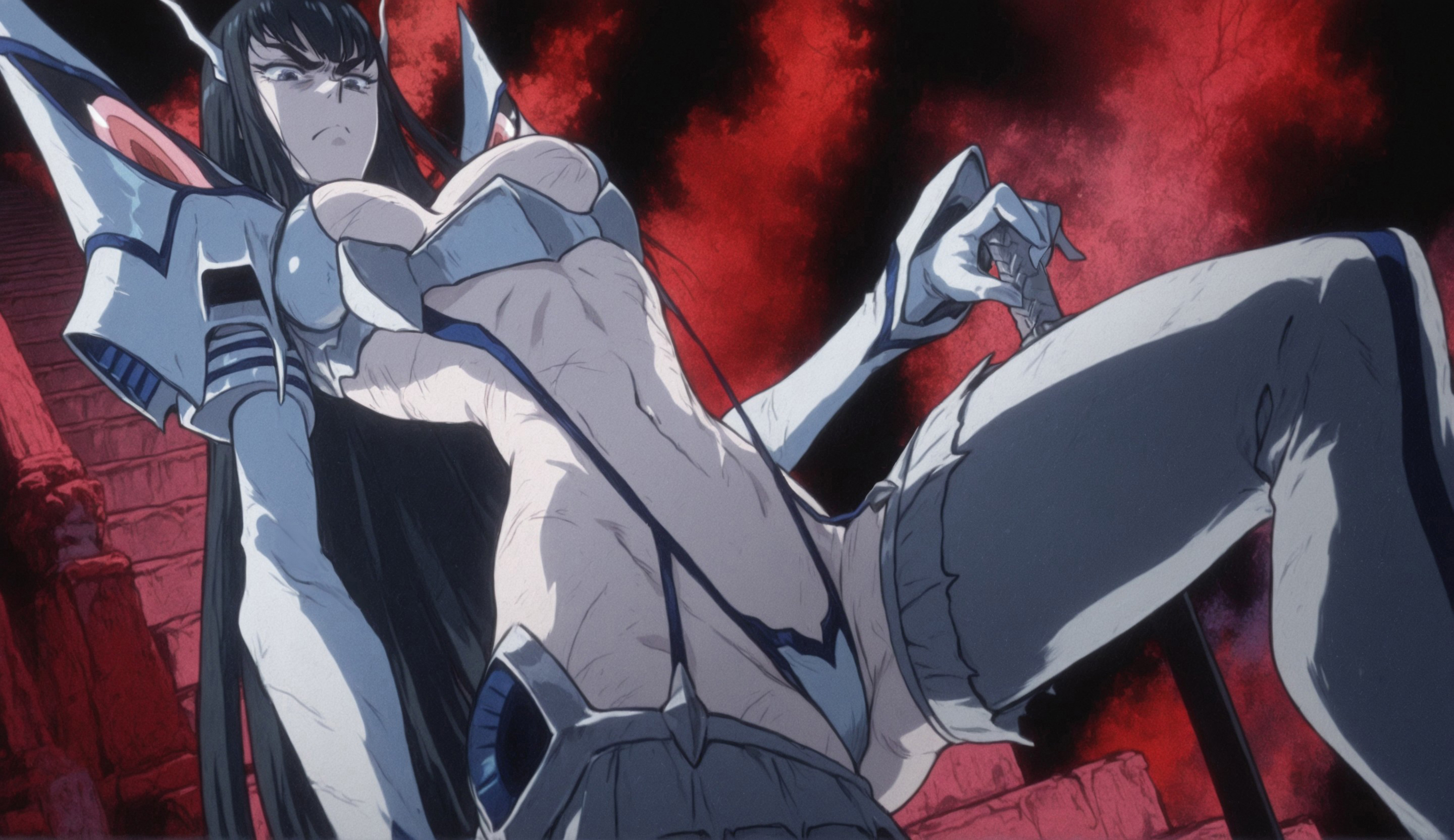absurdres, ai assisted, ai generated, black hair, blue eyes, breasts, breasts apart, dsp, female, from below, gloves, highres, kamui (kill la kill), kill la kill, kiryuuin satsuki, knee up, large breasts, long hair, looking down, navel, planted, planted sword, revealing clothes, self-upload, serious, solo, suspenders, sword, thighhighs, very long hair, wai-nsfw-illustrious-sdxl, weapon