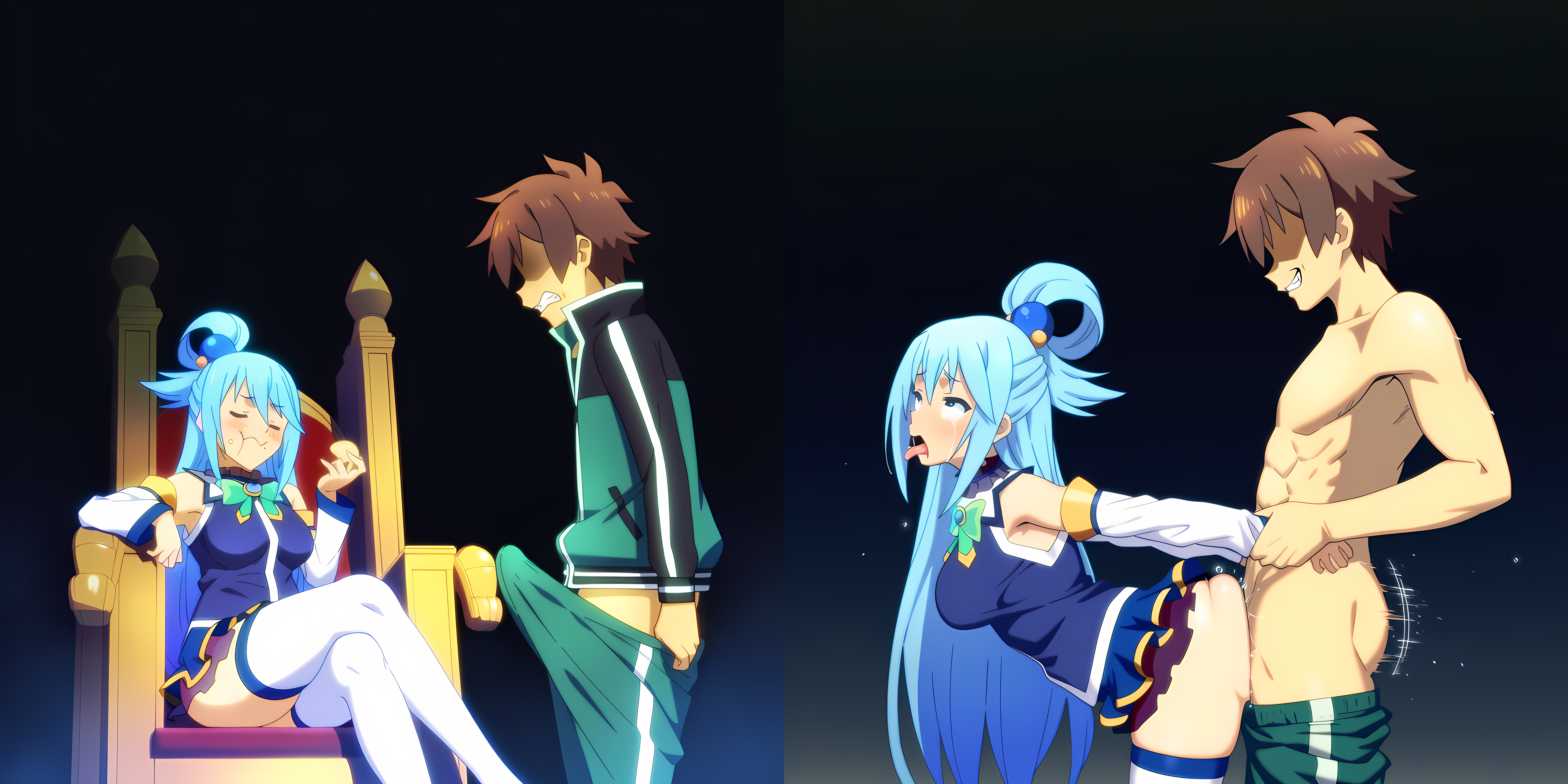 1boy, 1girls, 2koma, ahe gao, ai generated, angry, angry face, aqua (konosuba), arm grab, arms held back, arrogant, balls, balls deep, before and after, blue eyes, blue hair, breasts, brown hair, bulge, bulge through clothing, clenched teeth, closed eyes, clothed, clothed female, clothing, crossed legs, deep penetration, eating, eating chips, erection under clothes, eyes rolling back, female, female penetrated, from behind, from behind position, from side, goddess, grabbing, grabbing from behind, grin, hentai4life , imminent penetration, imminent rape, imminent sex, instant loss, instant loss 2koma, kono subarashii sekai ni shukufuku wo!, legwear, light skin, light-skinned female, looking up, male, male penetrating, male penetrating female, male/female, no panties, novelai, pale skin, pale-skinned female, pants down, penetration, prison guard position, rape, raped, rolling eyes, satou kazuma, sex, sex from behind, side view, sideboob, sitting, sitting on throne, skirt, straight, thighhighs, throne, tongue, tongue out, wrist grab