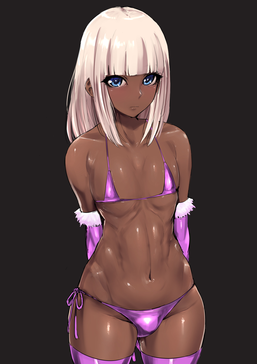 1boy, amagumono, arms behind back, bikini, blonde hair, blue eyes, blunt bangs, bulge, dark-skinned femboy, dark-skinned male, elbow gloves, fur trim, long hair, micro bikini, navel, original, otoko no ko, purple bikini, purple thighhighs, side-tie bikini, simple background, thighhighs, trap