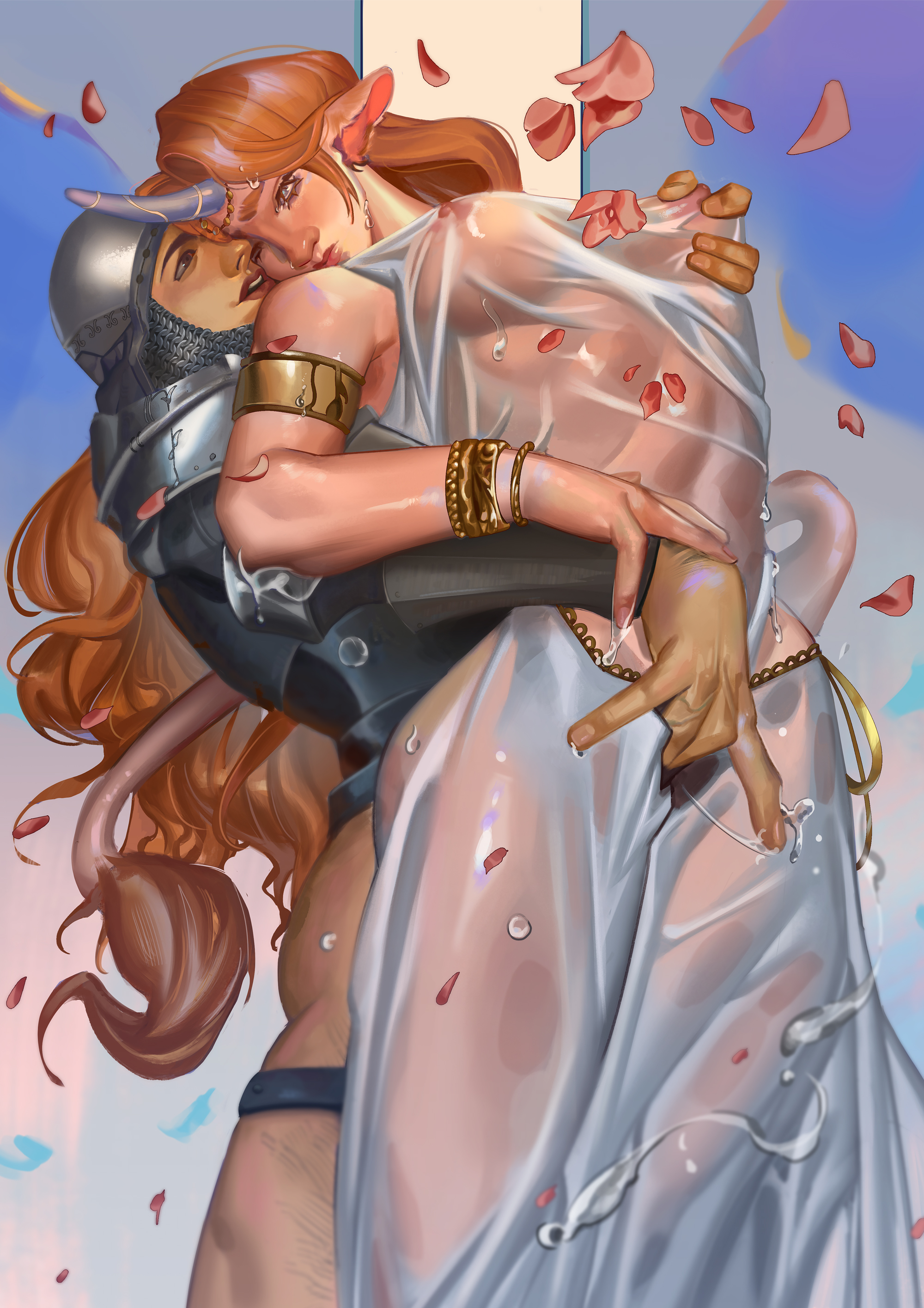 1boy, 1girls, accessories, accessory, angry, angry expression, angry face, armband, armlet, big hands, bottomless, bottomless male, breasts, brown hair, brunette, brunette hair, ears, female, fingering, fingering from behind, fingering partner, fingering pussy, fingering through clothes, flower, furry ears, gold armband, gold armlet, gold jewelry, golden armlet, gushing, gushing pussy juice, hand on breast, hand on hand, hourglass figure, knight, knight armor, leaves, leaves in wind, lips, long hair, long-haired female, male, medium breasts, midriff, nipple pinch, nipples, nipples visible through clothing, pussy, pussy gushing, pussy juice, pussy juice drip, see-through, see-through clothing, see-through dress, slim, slim waist, tagme, tail, tall female, teeth, teeth showing, unicorn, unicorn horn, waterdrops, wet dress