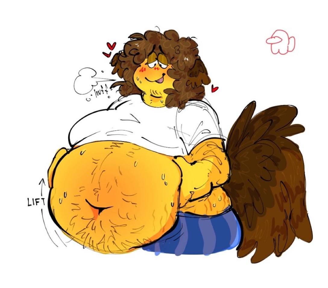 1boy, belly, blushing, breasts, brown hair, butterslug, curly hair, exhausted, fat, fat male, grabbing belly, hairy male, jiggling belly, lifting belly, male, male breasts, male with breasts, moobs, older male, overweight, overweight male, plump, rooster tail, shedletsky, stretch marks, striped shorts, stubble, sweating, yellow skin