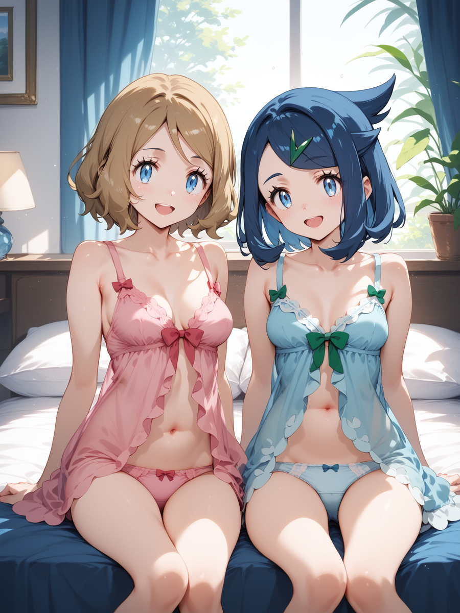 2girls, ahiru, ai generated, black hair, blonde hair, blue clothing, blue eyes, blue hair, blush, female, female only, green hair ornament, hair ornament, liko (pokemon), multicolored hair, open mouth, pink clothing, pokemon, pokemon (anime), pokemon horizons, pokemon xy, serena (pokemon), two-tone hair, upper teeth