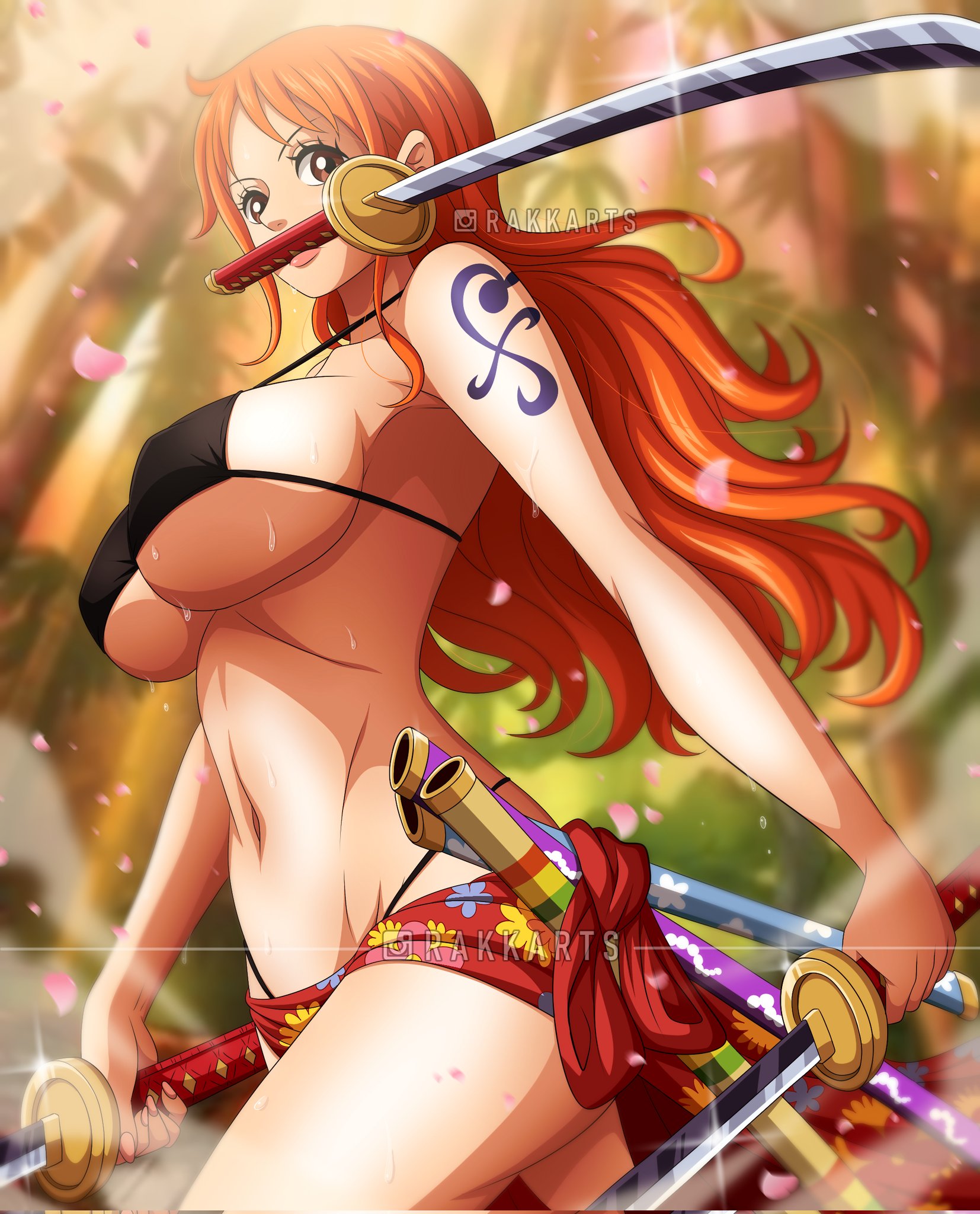 1girls, arm tattoo, belly button, big breasts, bikini, bikini bottom, blue tattoo, breasts, cleavage, clothing, female, female only, linea alba, long hair, nami (one piece), one piece, orange hair, orange-haired female, post-timeskip, rakara11, sarong, skimpy, skimpy bikini, skimpy clothes, solo, sword, sword in mouth, swords, swordswoman, tattoo