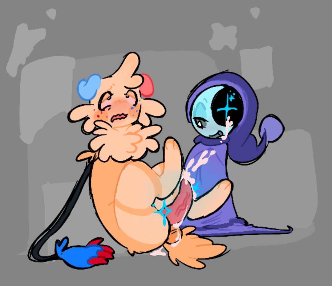 astro (dandy's world), cum on face, dandy's world, ejaculation, ejaculation on face, eyes rolling back, fluffy, goob (dandy's world), handjob, legs up, magic, ormoshh