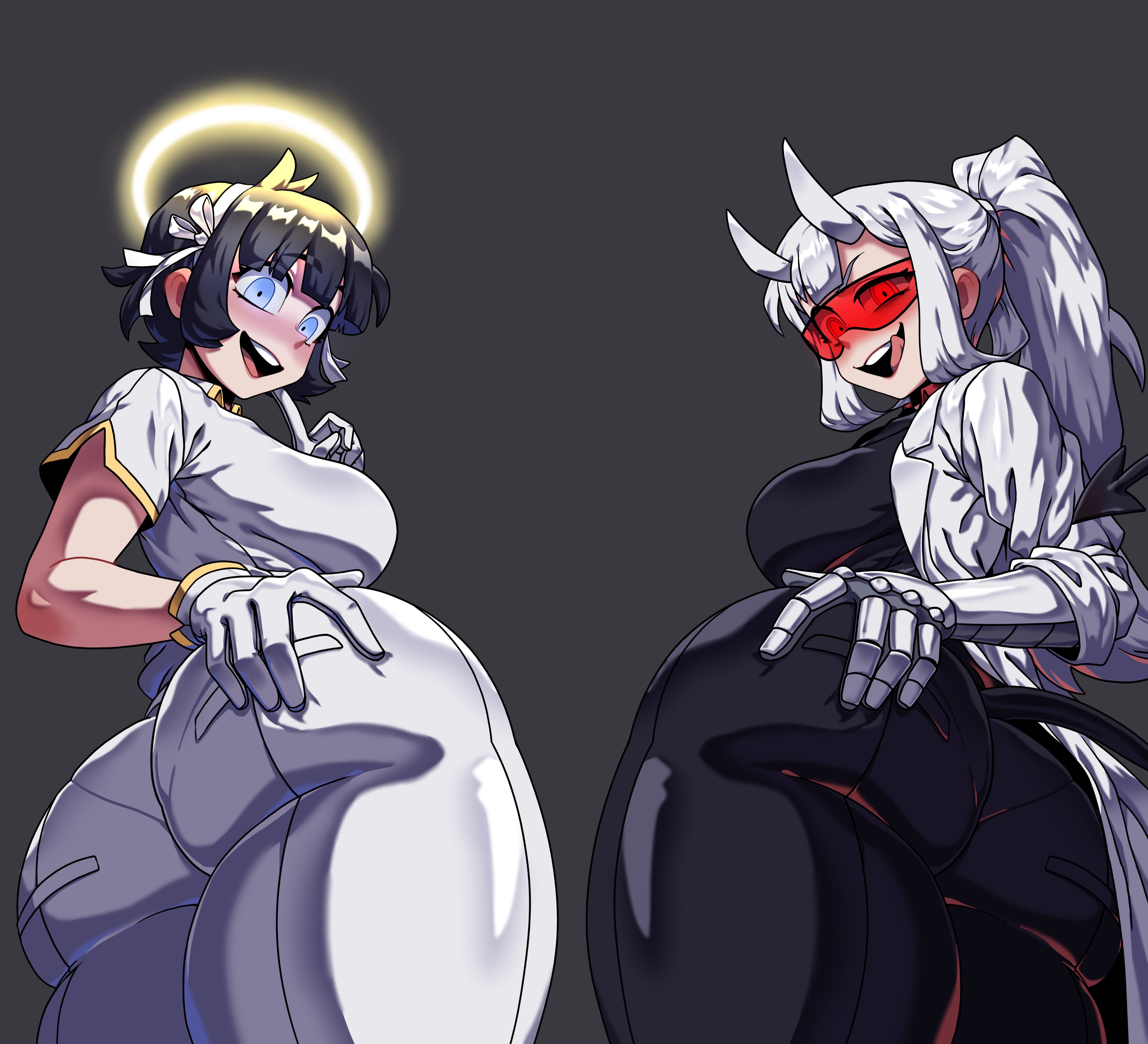 2girls, ass, azazel (helltaker), big ass, big butt, bubble ass, bubble butt, female, female focus, female only, girin, helltaker, large ass, large butt, loremaster (helltaker), solo, solo female, solo focus
