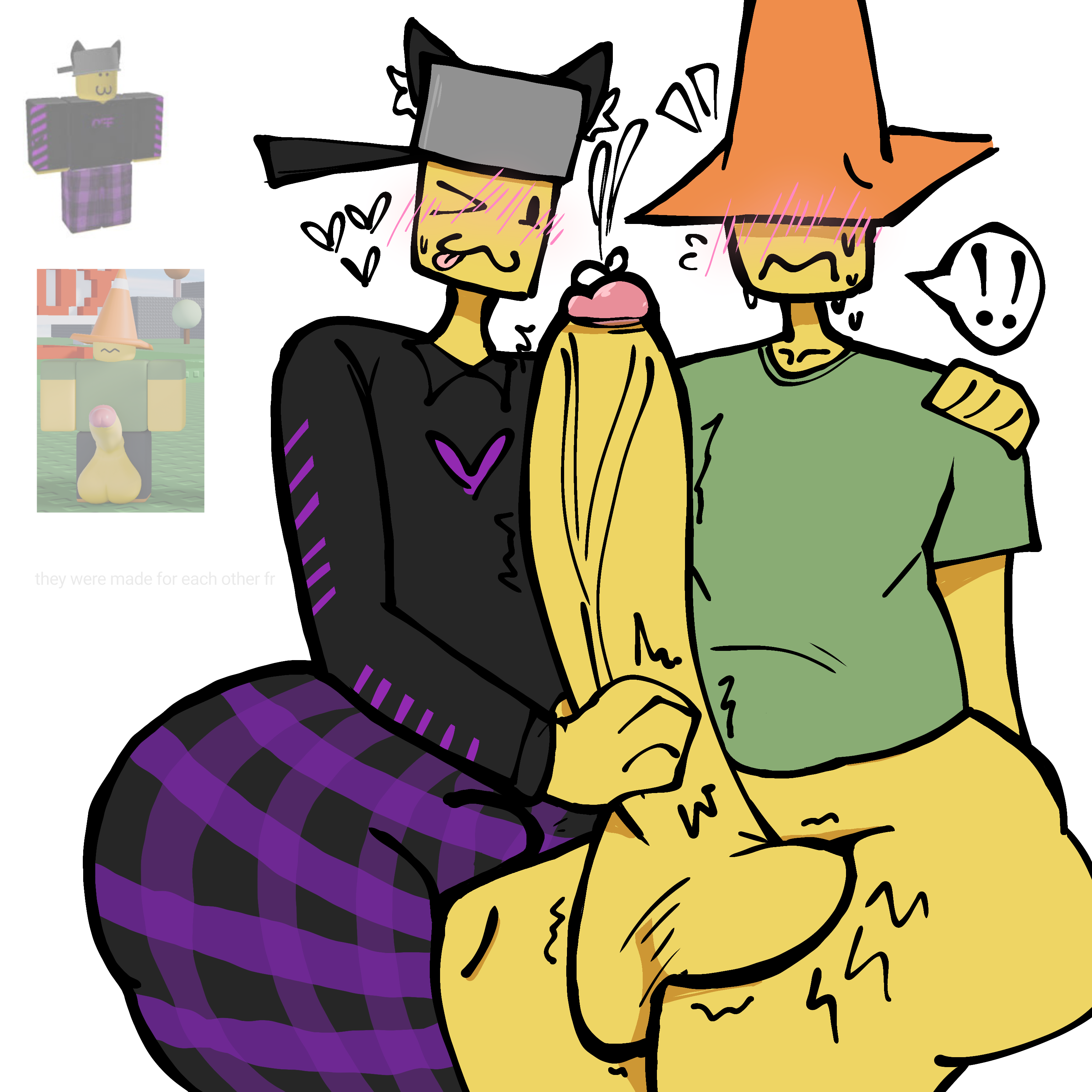 :3, 2boys, ass, balls, battr, bfad, big balls, blush, bulge, cat ears, cone hat, coneguy (onyxsplash), covered eyes, crossover, fanart, fat ass, gay, heart, hyper penis, leo (utrenkl), male, mischevious, nervous, no pants, penis, plump, reference image, roblox, roblox23074, robloxian, self upload, stroking penis, sweating, text, traffic cone, utrenkl moment, white background, yellow skin