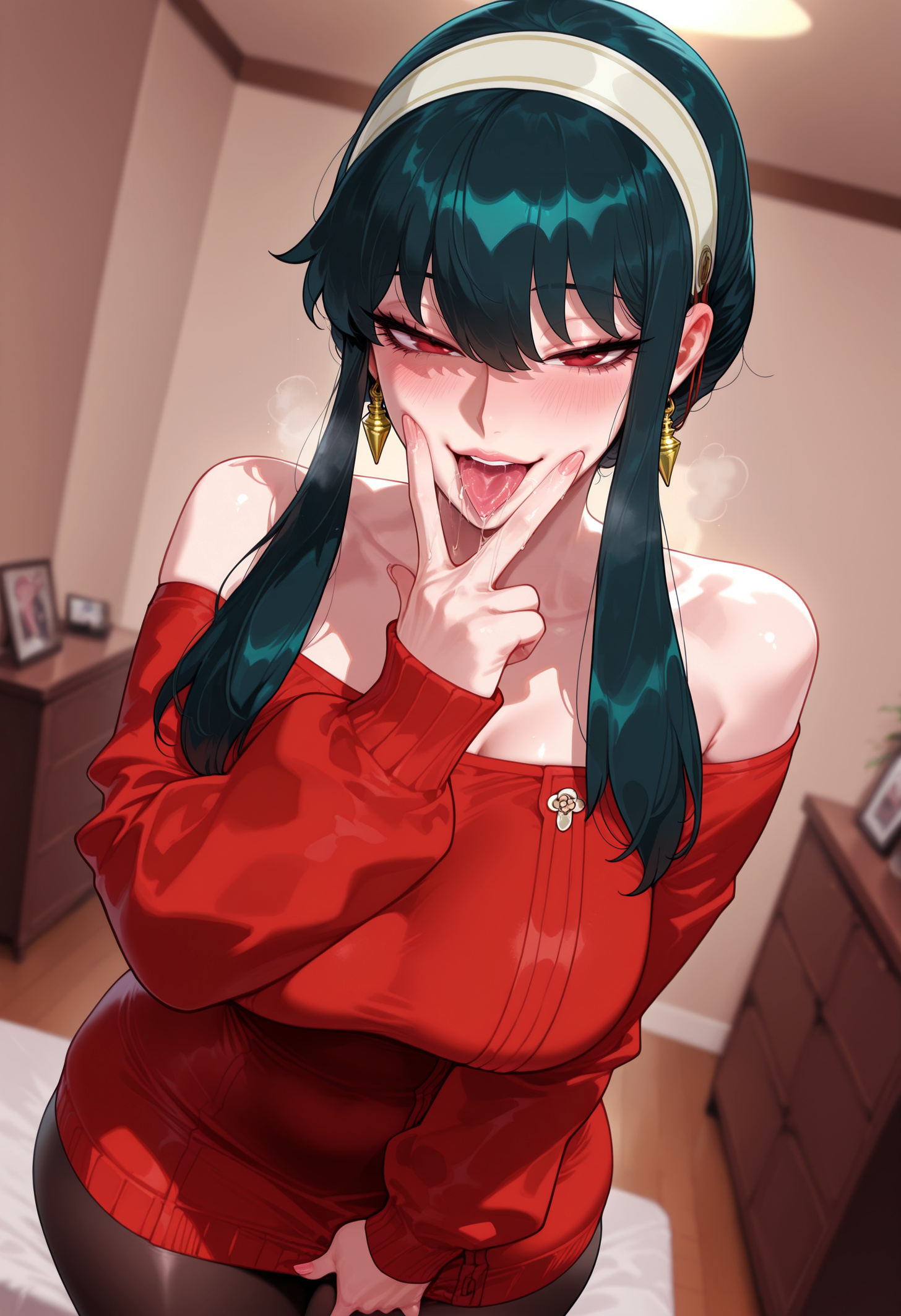 1girls, ai generated, balecxi, bangs, bare shoulders, bed, bedroom, black hair, black legwear, black pantyhose, blush, breasts, breath, clavicle, cleavage, clothing, curtains, curvaceous, curvaceous female, curvaceous figure, curvy, curvy figure, dress, earrings, fellatio gesture, female, female focus, female only, gold earrings, hairband, headwear, heavy breathing, indoors, jewelry, large breasts, legwear, light skin, light-skinned female, long hair, long sleeves, looking at viewer, milf, off shoulder, off-shoulder sweater, on bed, open mouth, oral invitation, pantyhose, red dress, red eyes, red sweater, saliva, sidelocks, sitting, smile, solo, spy x family, sweat, sweater, sweater dress, teeth, thick thighs, thighs, tongue, tongue out, upper teeth, v, v over mouth, voluptuous, voluptuous female, white hairband, window, yor briar, yor forger