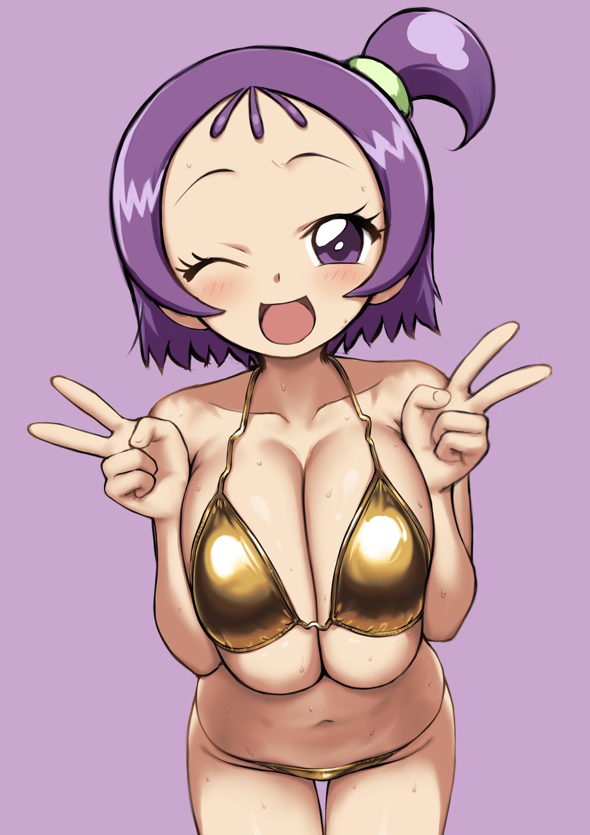 aged_up big_breasts bikini golden_bikini huge_breasts ojamajo_doremi onpu_segawa peace_sign pressing_breasts_together sfw sweat sweatdrop sweating sweaty_breasts toei_animation wink winking winking_at_viewer yuugatou_(yuuzutu)