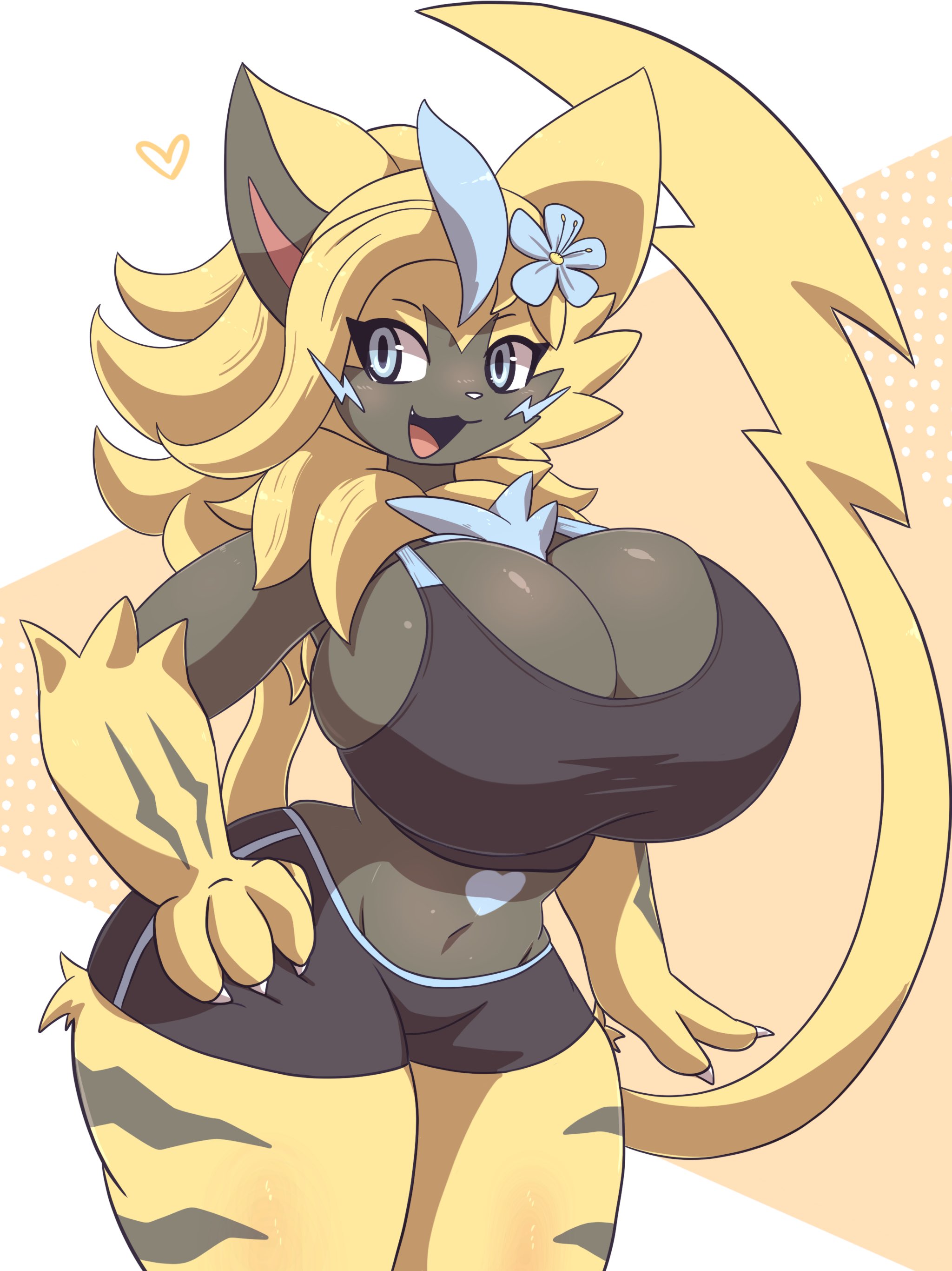 1girls, aurora (nbanoob), belly button, big breasts, breasts, chest tuft, claws, cleavage, female, flower, flower in hair, furry, heart, huge breasts, multicolored body, oreon smol, pokemon, pokemon (species), solo, solo female, solo focus, tagme, tail, thick thighs, wide hips, yellow hair, yellow tail, zeraora