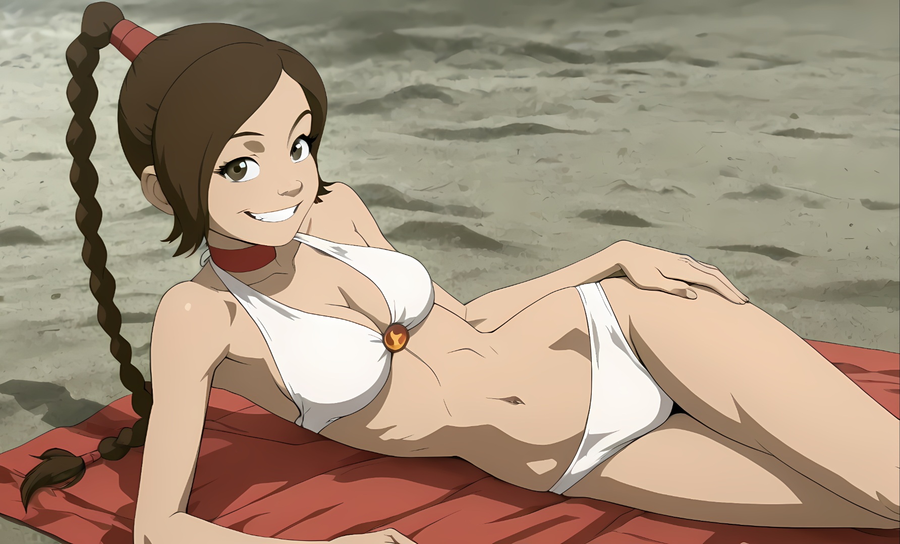 1girls, ai generated, avatar the last airbender, beach, bikini, braided ponytail, breasts, choker, cleavage, female, female only, hand on hip, happy, on side, ponytail, seductive smile, skinny, slim waist, solo, ty lee