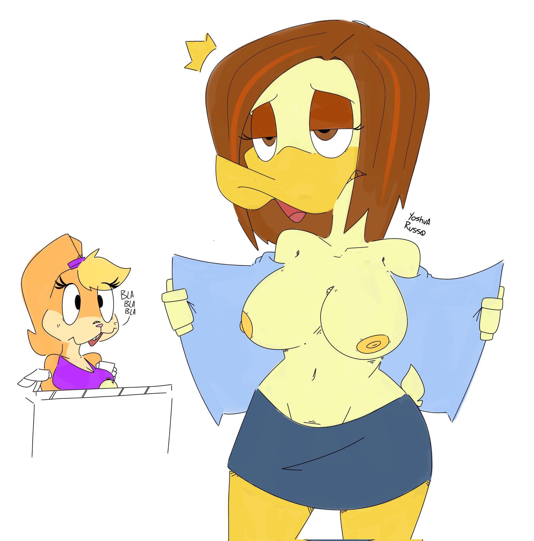 2024, 2d, 2d (artwork), 2d artwork, 2girls, anatid, anseriform, anthro, areola, areolae, avian, big breasts, big tits, bird, blonde female, blonde hair, blonde-haired female, breasts, brown eyes, brown fur, brown hair, bunny, bunny ears, bunny girl, clothed, clothed female, digital art, digital drawing (artwork), digital media (artwork), duck, duck girl, duo, female, flashing, flashing breasts, furry, furry female, lagomorph, leporid, lola bunny, lola bunny (redesign), looney tunes, nipples, rabbit, rabbit ears, rabbit girl, skirt, tagme, the looney tunes show, tina russo, tits, warner bros, warner brothers, yellow feathers, yoshua abeja, yoshua russo