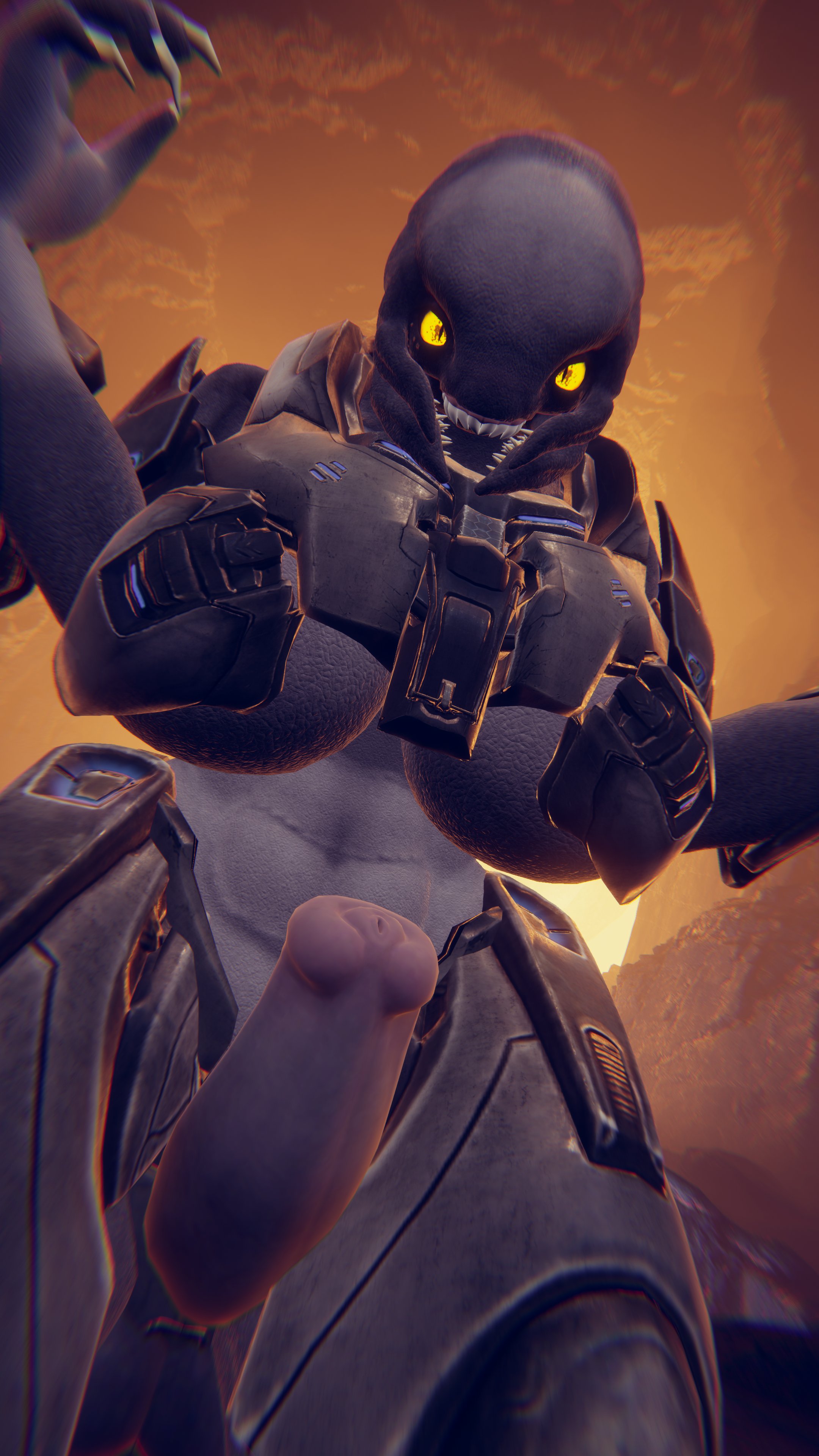 1futa, 3d, big breasts, breasts, futanari, halo (series), helmet removed, intersex, looking at viewer, midriff, needler, no artist signature, sangheili, sloppydragons, solo, tagme, vrchat