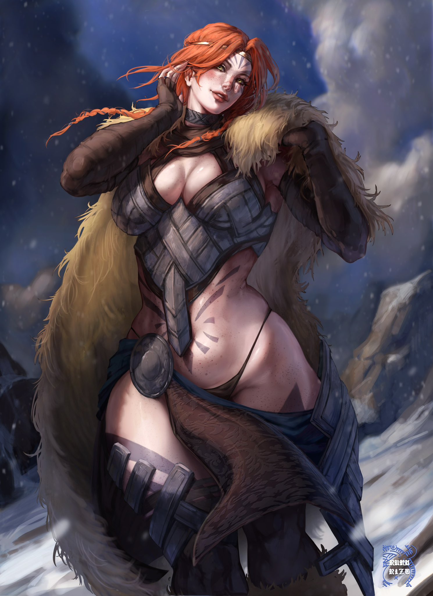 abs, armor, biceps, bra, breasts, cape, cleavage, clothed, clothes, clothing, coat, coat on shoulders, curvaceous, curvaceous body, curvaceous female, curvaceous figure, curvaceous hips, curvy, curvy body, curvy female, curvy figure, curvy hips, female, female focus, female only, hips, long hair, mountain, muscular, muscular female, oc, original character, panties, red hair, rururize, snow, string panties, tattoo, thick, thick hips, thick thighs, tummy, viking, viking female, wide hips