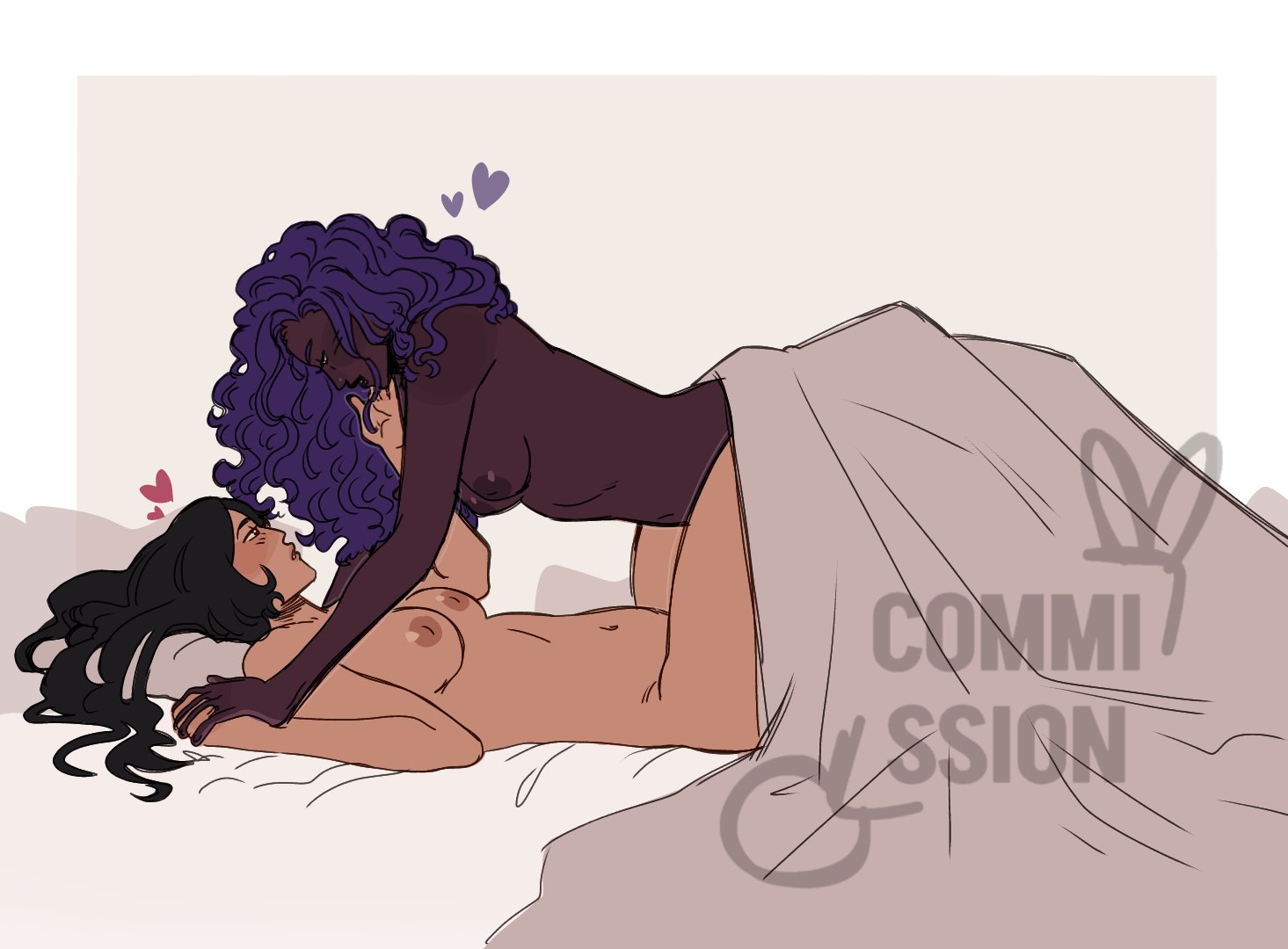 2girls, bed, bed sheet, between legs, black hair, blush, breasts, commission, completely nude, curly hair, dannymans66, female, grey background, half-closed eyes, hand on another's face, heart, holding hands, imminent sex, in bed, interracial, interracial sex, long hair, looking at another, lying, lying on back, lying on bed, nipples, nude, original, original character, purple hair, red eyes, romantic, romantic couple, side view, slight blush, smile, under covers, white border, wholesome, yuri