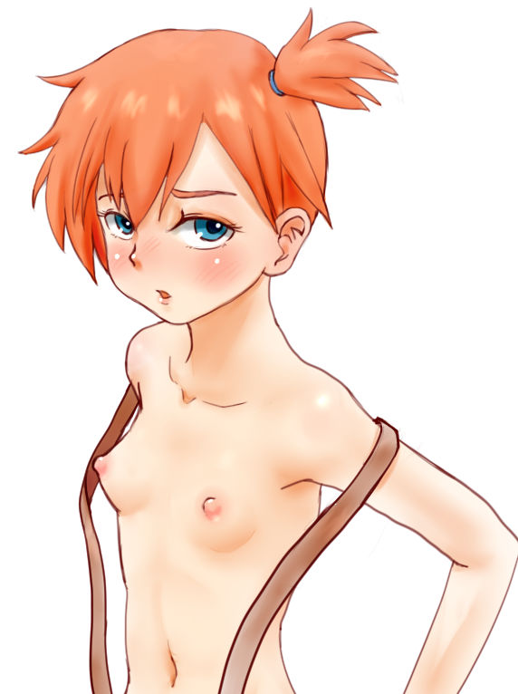 1girls, areolae, armpits, belly, blue eyes, blush, blushing, breasts, eyelashes, female, female only, hand on hip, human, human only, kasumi (pokemon), looking at viewer, looking away, navel, nintendo, nipples, open mouth, orange hair, pokemon, pokemon rgby, side ponytail, simple background, small breasts, solo, standing, suspenders, thin waist, topless, white background