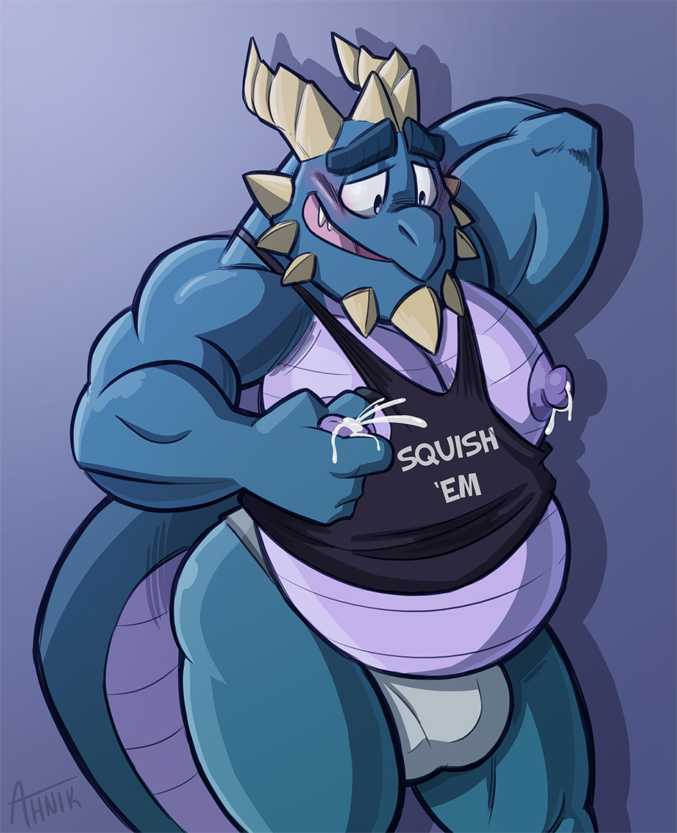 2018 ahnik blue_scales blush bubba_(spyro) bulge clothing dragon horn jockstrap lactating male male_lactation male_only milk nipples overweight scales scalie shirt signature solo spyro_reignited_trilogy spyro_the_dragon tank_top underwear video_games