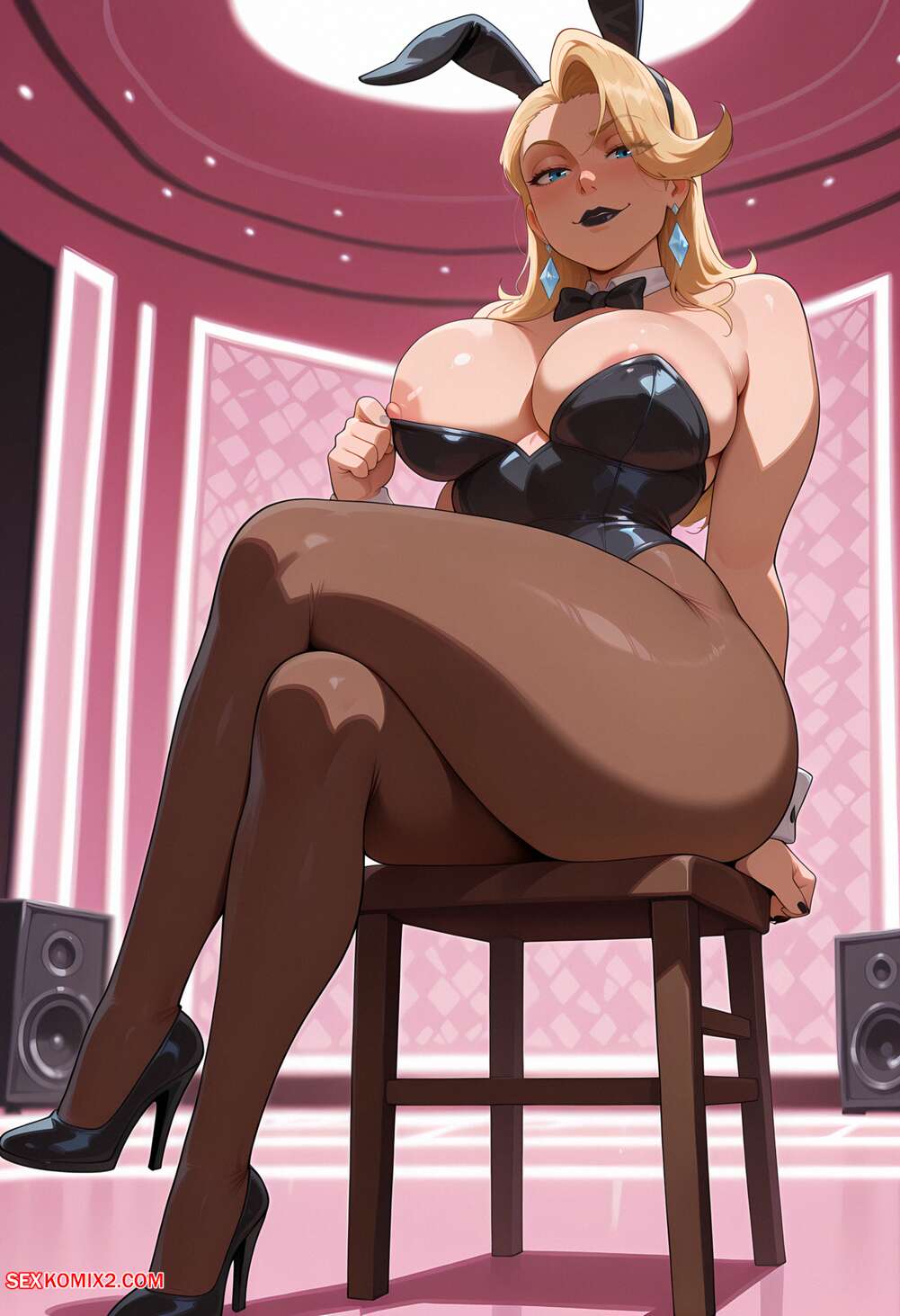 ai_generated big_ass big_breasts big_butt black_lipstick black_nails blonde_hair blue_eyes bunny_ears bunnysuit earrings emma_frost emma_frost_(marvel_rivals) exposed_breasts folded_leg folded_legs high_heels large_ass large_breasts looking_at_viewer pantyhose sexkomix2.com showing_nipple sitting_on_chair smirk thick_thighs