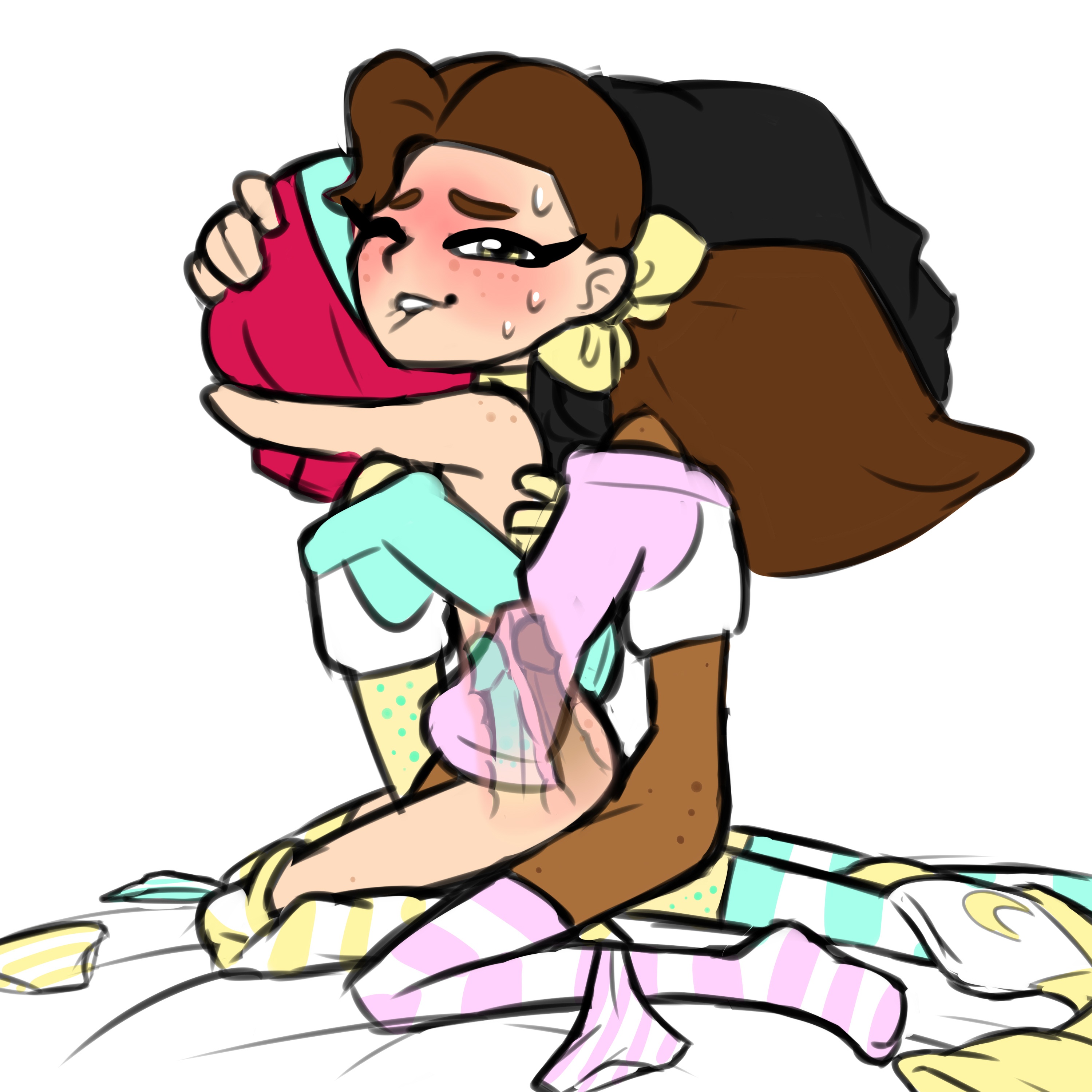 1girls, 2futas, beryl (thousandarms), biting lip, blush, breasts, brown eyes, brown hair, choker, dark skin, dark-skinned futa, double penetration, female, futa on female, futanari, hairband, hugging, internal view, intersex, kneeling, long sleeve shirt, long sleeves, panties, penis, red hair, sitting, sitting on lap, sweat, thighhighs, thousandarms, threesome