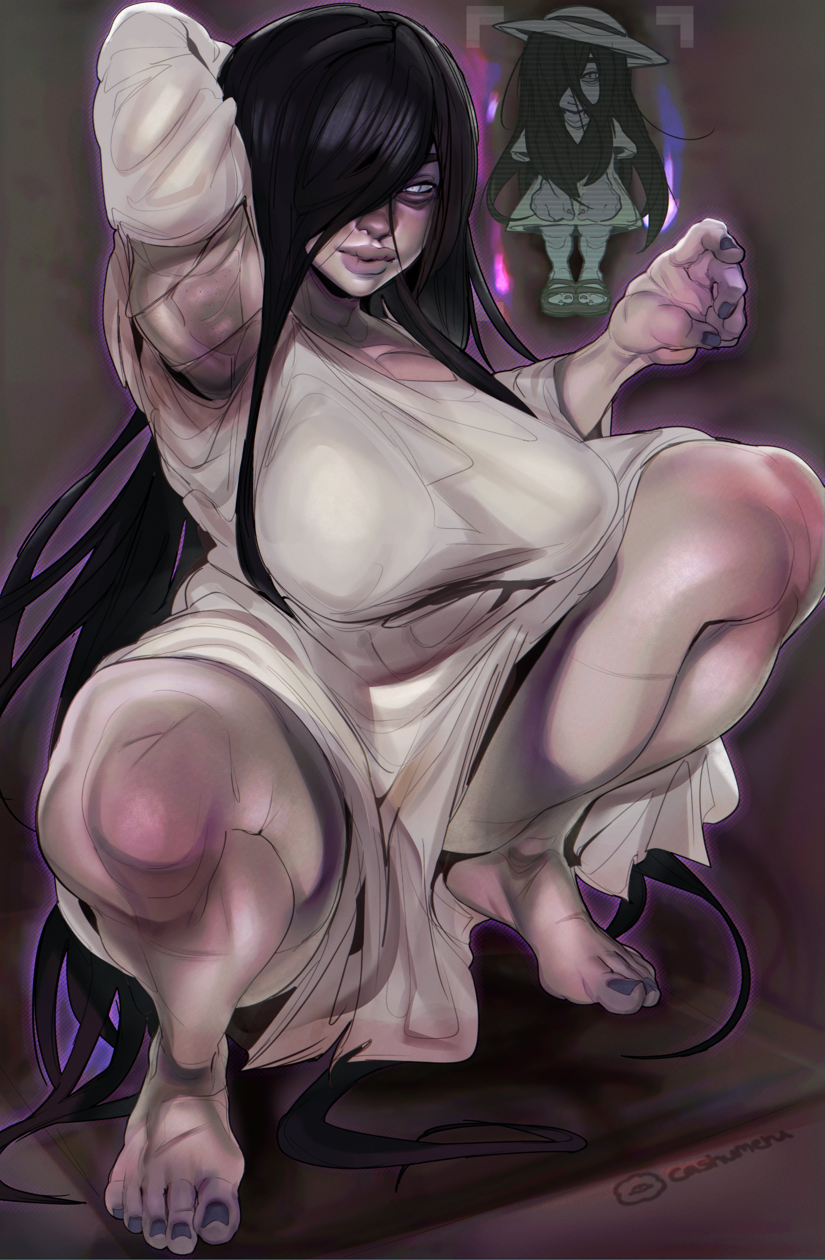 1girls, 2025, 2d, 2d (artwork), 2d artwork, arm up, armpit, armpit fetish, armpit stubble, armpits, artist name, artist signature, barefoot, big breasts, black hair, black nails, black toenails, breasts, cashumeru, clothed, clothed female, clothing, dress, feet, female, female only, hair over one eye, hi res, high resolution, highres, large breasts, light skin, light-skinned female, lips, long hair, pale skin, pale-skinned female, plump lips, sadako yamamura, solo, solo female, squatting, thick, thick legs, thick thighs, toes, yamamura sadako