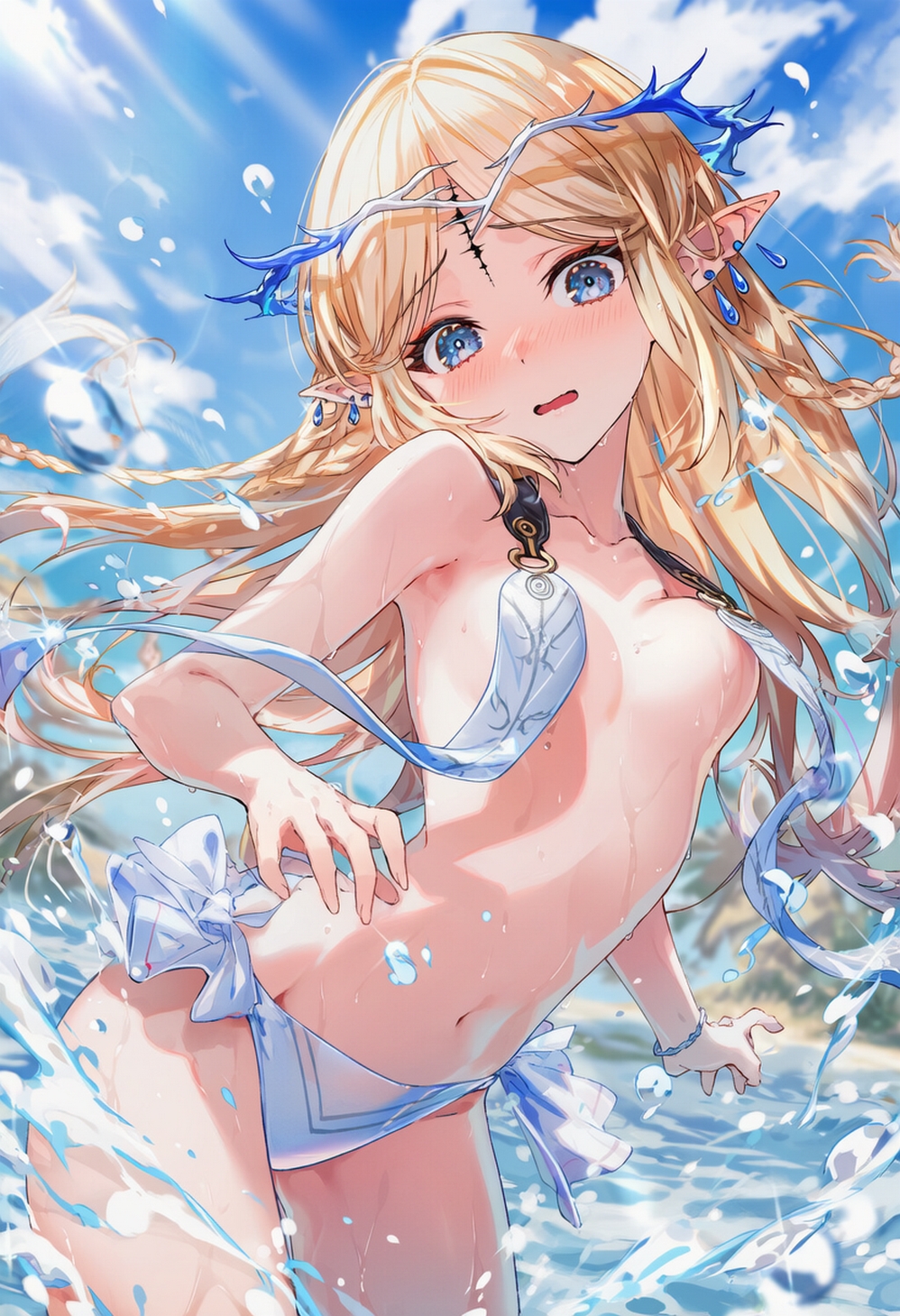 ai generated, almost naked, beach, bikini, bikini top removed, cartethyia (wuthering waves), cloudy sky, embarrassed female, female, female only, raaicave, sky background, wuthering waves