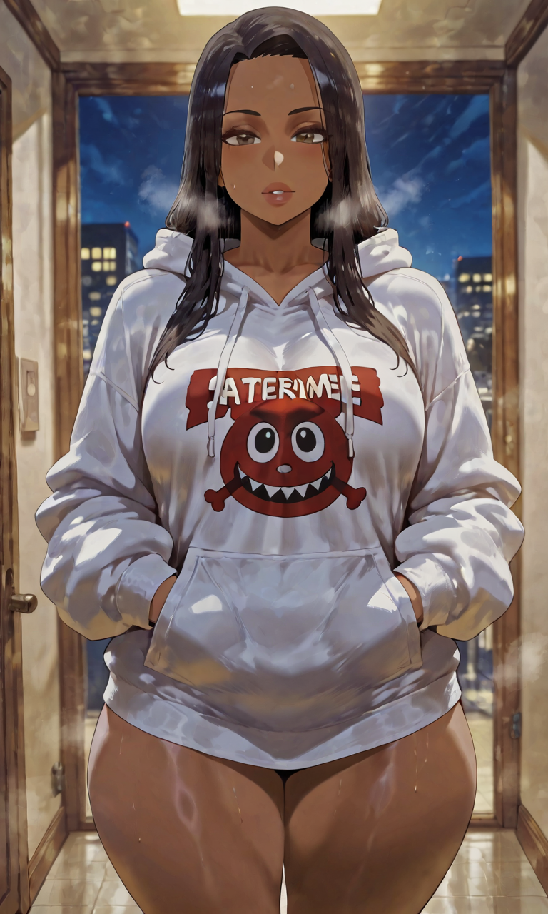 ai_art ai_generated bigbizarts black_hair brown_eyes brown_skinned_female caramel-skinned_female curvy hoodie long_hair medium_breasts oc original_character thick_lips thick_thighs wide_hips