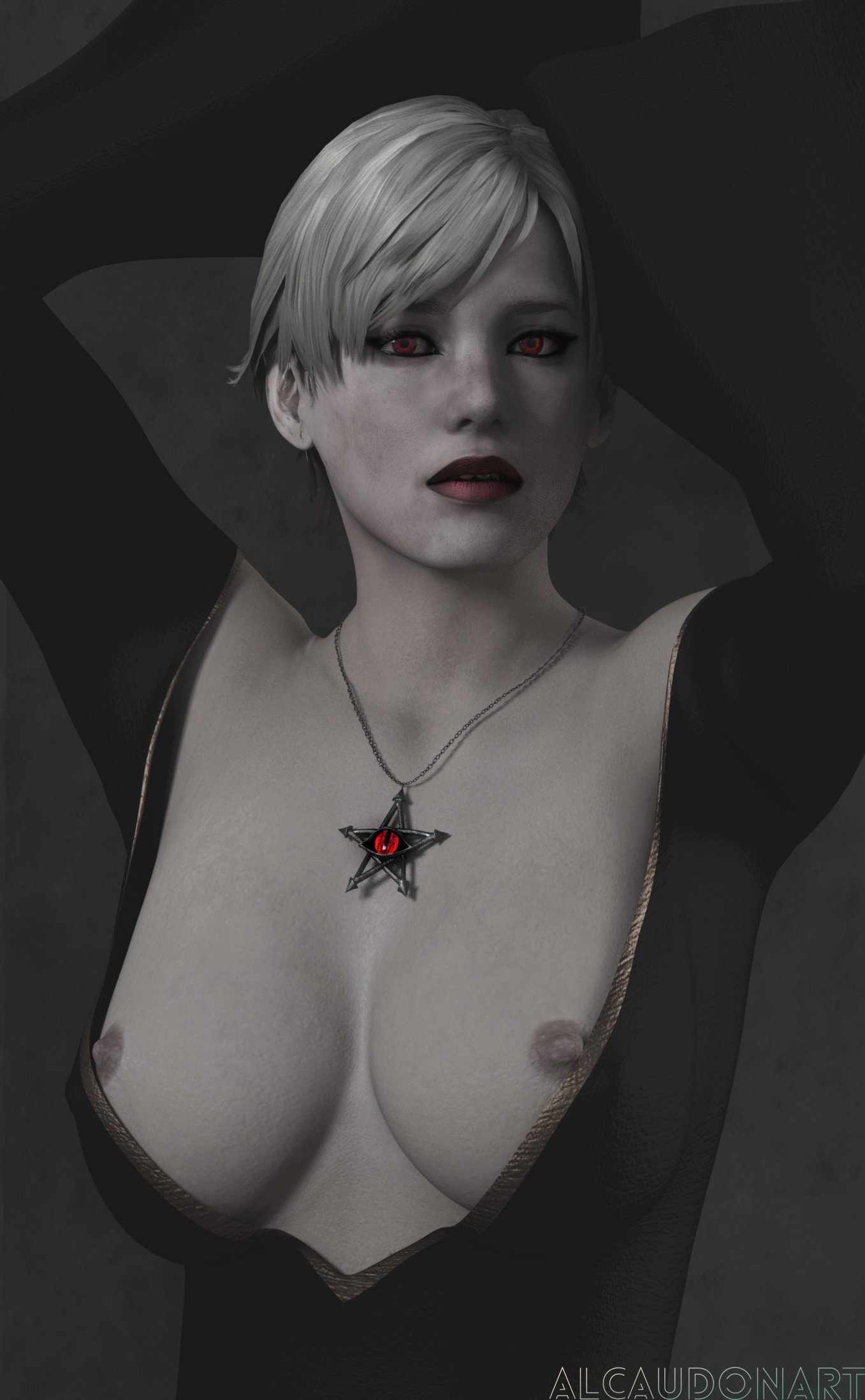 1girls, 3d, alcaudonart, big breasts, breasts, capcom, female, female only, grey skin, light skin, light-skinned female, nipples, pale skin, pale-skinned female, red eyes, resident evil, sherry birkin, short hair, solo, white hair