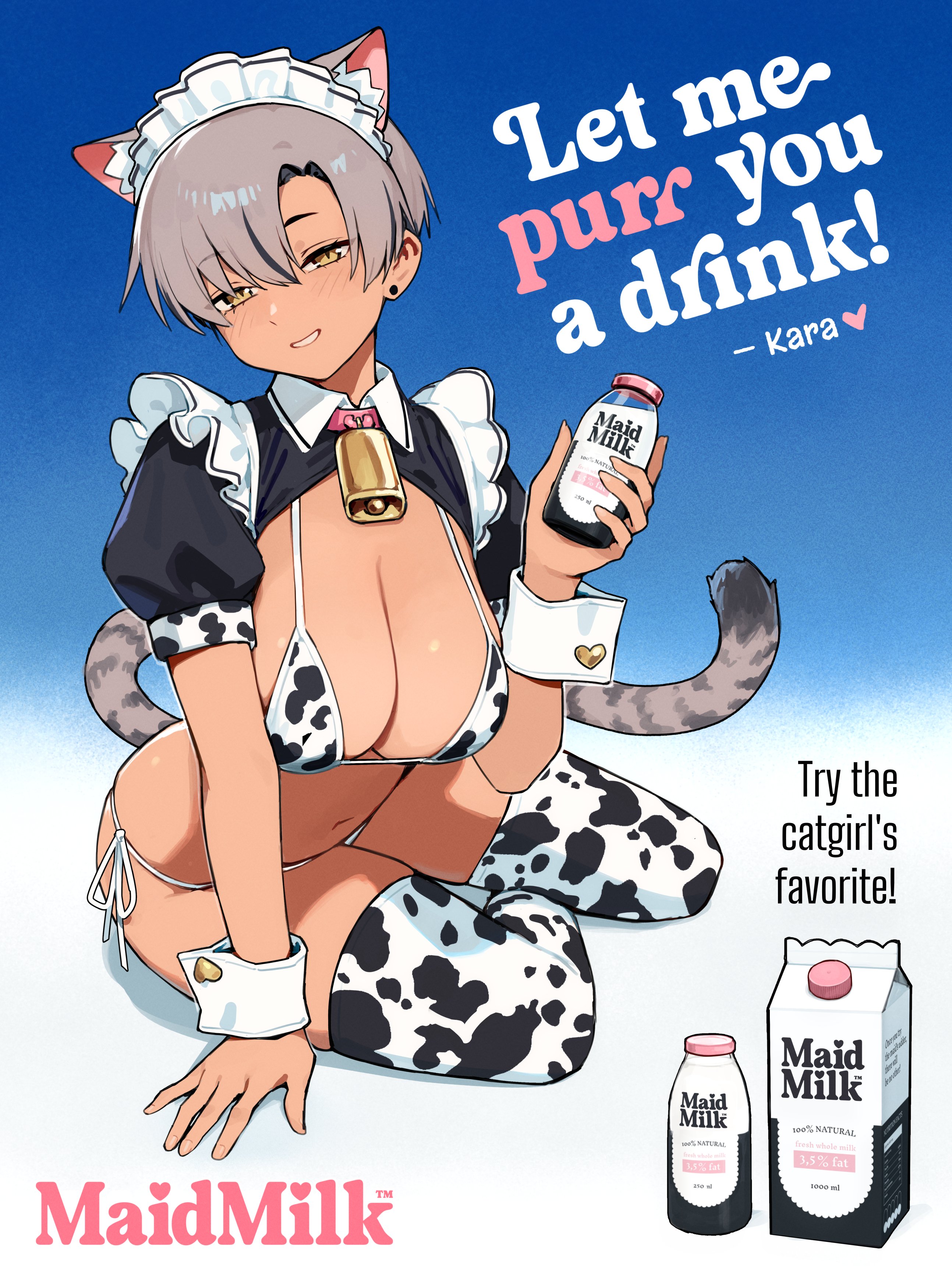 1girls, absurd res, ad, alternate costume, animal ear fluff, animal ears, animal print, animal tail, arm support, bell, bell collar, bikini, black shrug, blue background, bottle, breasts, cat ears, cat girl, cat tail, catgirl, character name, cleavage, collar, collared shrug, cow print, cow print bikini, cow print thighhighs, cowbell, cowbell collar, ear piercing, earrings, english text, enmaided, eyebrows hidden by hair, female, female only, gradient background, grey hair, grey tail, grin, hair over one eye, half-closed eyes, head tilt, highres, holding bottle, holding object, kara (vertigris), kemonomimi, large breasts, leaning forward, looking at viewer, maid, maid headdress, milk, milk bottle, milk carton, navel, neck bell, parted bangs, piercing, pink collar, print bikini, print thighhighs, puffy short sleeves, puffy sleeves, seductive smile, short hair, short sleeves, shrug (clothing), side-tie bikini, side-tie bikini bottom, side-tie panties, sitting, skindentation, slit pupils, smile, solo, string bikini, swimsuit, tail, thighhighs, unconventional maid, vertigris, white background, white collar, wrist cuffs, yellow eyes, yokozuwari