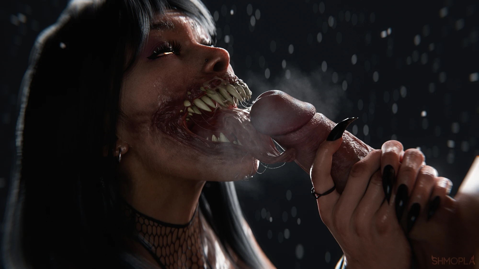 1boy, 1girls, 3d, black hair, hand around penis, licking penis, long tongue, looking at partner, looking up, mileena, mileena (mk11), mortal kombat, mortal kombat 11, nude, nude female, sharp fingernails, sharp teeth, shmopla, tagme, tongue, tongue out