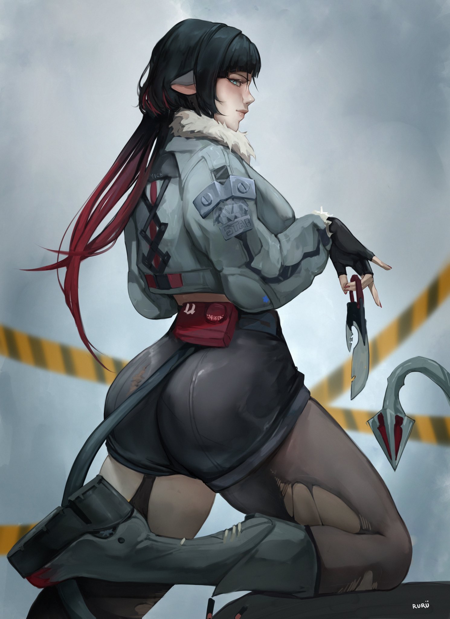 ass, big ass, big butt, clothed, clothes, clothing, curvaceous, curvaceous body, curvaceous female, curvaceous figure, curvaceous hips, curvy, curvy body, curvy female, curvy figure, curvy hips, fat ass, fat butt, female, female focus, female only, hips, hoyoverse, jacket, jane doe (zenless zone zero), knife, long hair, mouse ears, mouse girl, mouse tail, ripped clothing, ripped stocking, rururize, short shorts, shorts, stockings, tail, thick, thick ass, thick butt, thick hips, thick thighs, zenless zone zero