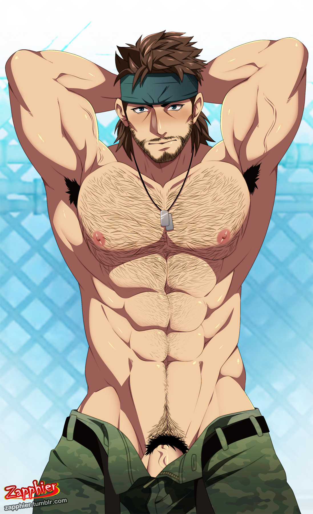 1boy, abs, armpit hair, arms up, balls, bara, beard, belt, biceps, big pecs, blue eyes, blue sky, blush, blushing, body hair, brown hair, camouflage pants, chest hair, clothing, dick root, dog tags, erection, facial hair, gay, hairy, hairy armpits, hairy chest, hairy male, hands behind head, headband, human, male, male chest, male nipples, male only, male pubic hair, masculine, masculine male, mature male, metal gear, metal gear solid, muscles, muscular, muscular male, muscular thighs, necklace, nipples, nude, nude male, open pants, pecs, pectorals, penis, penis peek, penis under clothes, pink nipples, pose, posing, presenting, pubic hair, six pack, solid snake, solo, solo focus, solo male, standing, teeth, testicles, topless, unbuttoned, uncensored, veiny muscles, veiny penis, wince, yaoi, zapphier