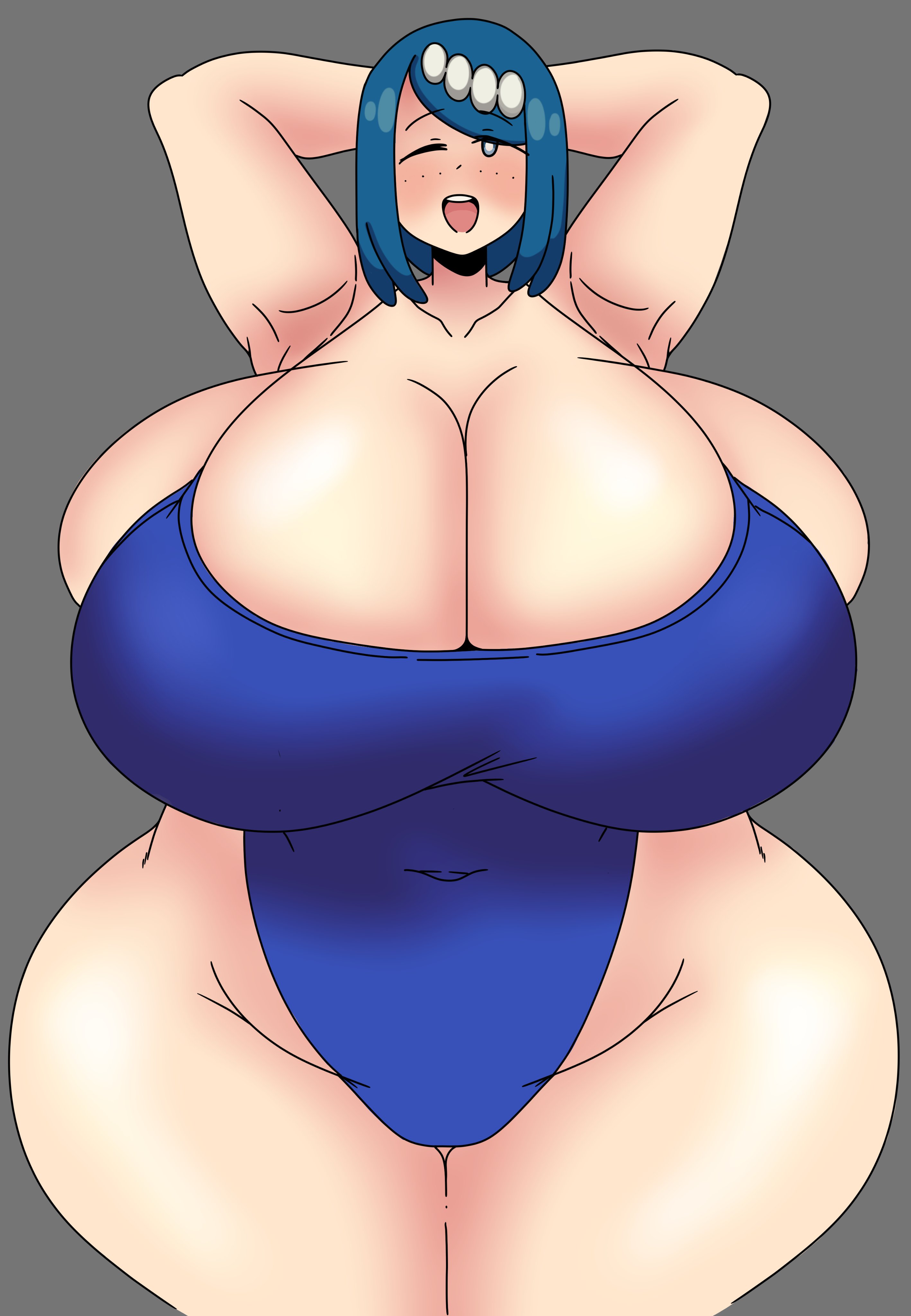 1girls, big breasts, blue eyes, blue hair, blue-haired female, breasts, female, female focus, female only, freckles, freckles on face, huge boobs, huge breasts, inakotho, inaroyal14, lana's mother (pokemon), light skin, light-skinned female, pokemon, solo, solo female, solo focus, swimsuit, swimwear, thick thighs, thighs