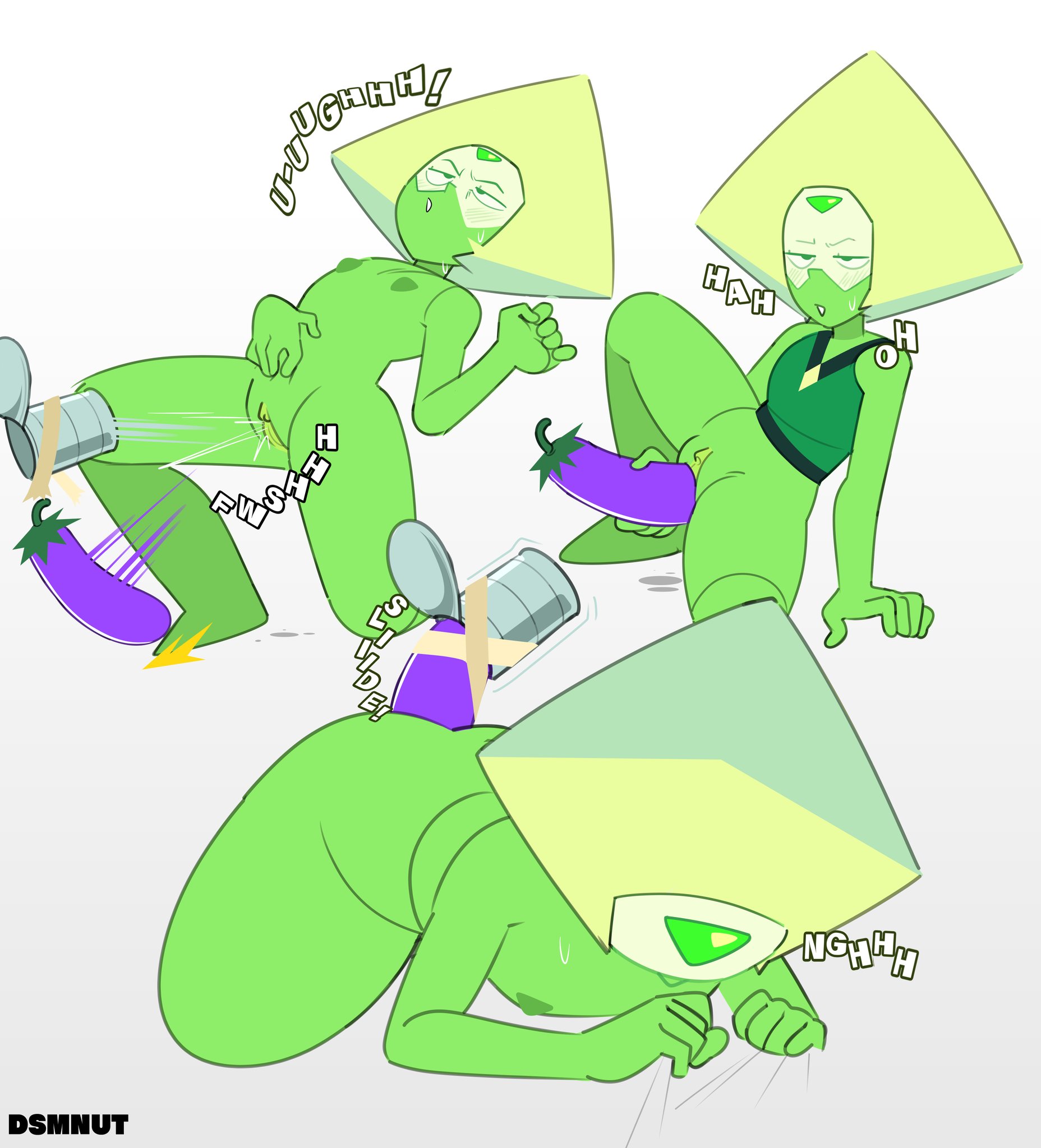 1girls, alien, alien girl, alien humanoid, artist name, bare legs, big thighs, breasts, dildo, dildo in ass, dsmnup, dsmnut, eggplant, eyes rolling back, female, grabbing sheets, hi res, masturbation, nude, open mouth, orgasm, peridot (steven universe), petite, pleasure face, pussy, simple background, small breasts, spread legs, squirting, steven universe, telekinesis, text, wide hips