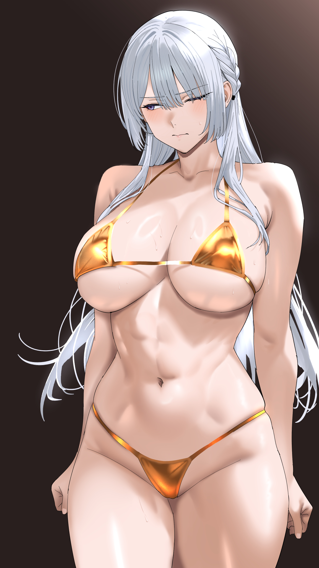 abs, ak-15 (girls' frontline), anakasakas, big breasts, bikini, bikini bottom, bikini top, blush, braid, breasts, closed mouth, embarrassed, female, girls' frontline, gold bikini, large breasts, long hair, looking away, navel, one eye closed, purple eyes, sweat, sweatdrop, thick thighs, white hair